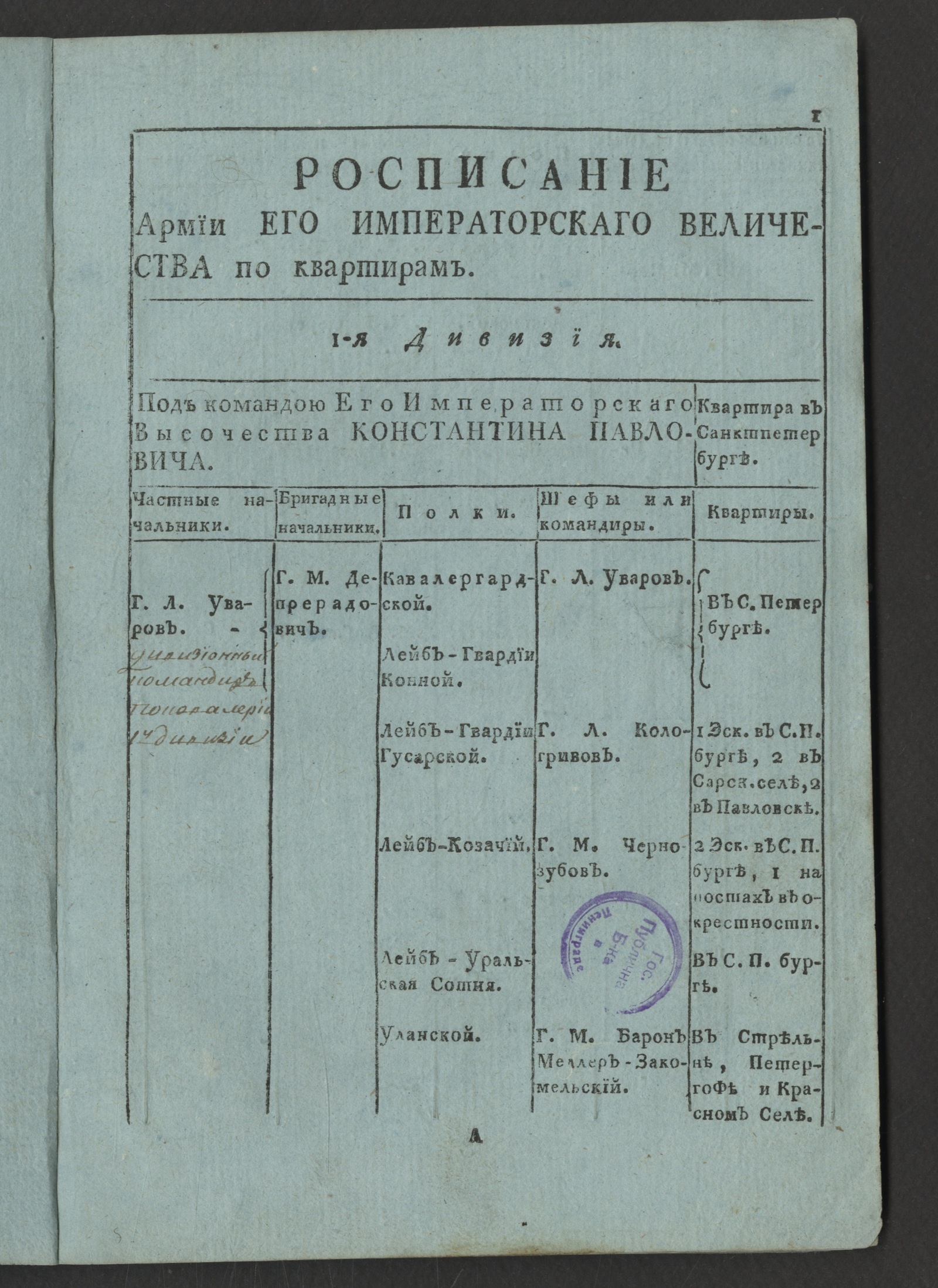 Изображение книги Росписание Армии его императорскаго величества по квартирам
