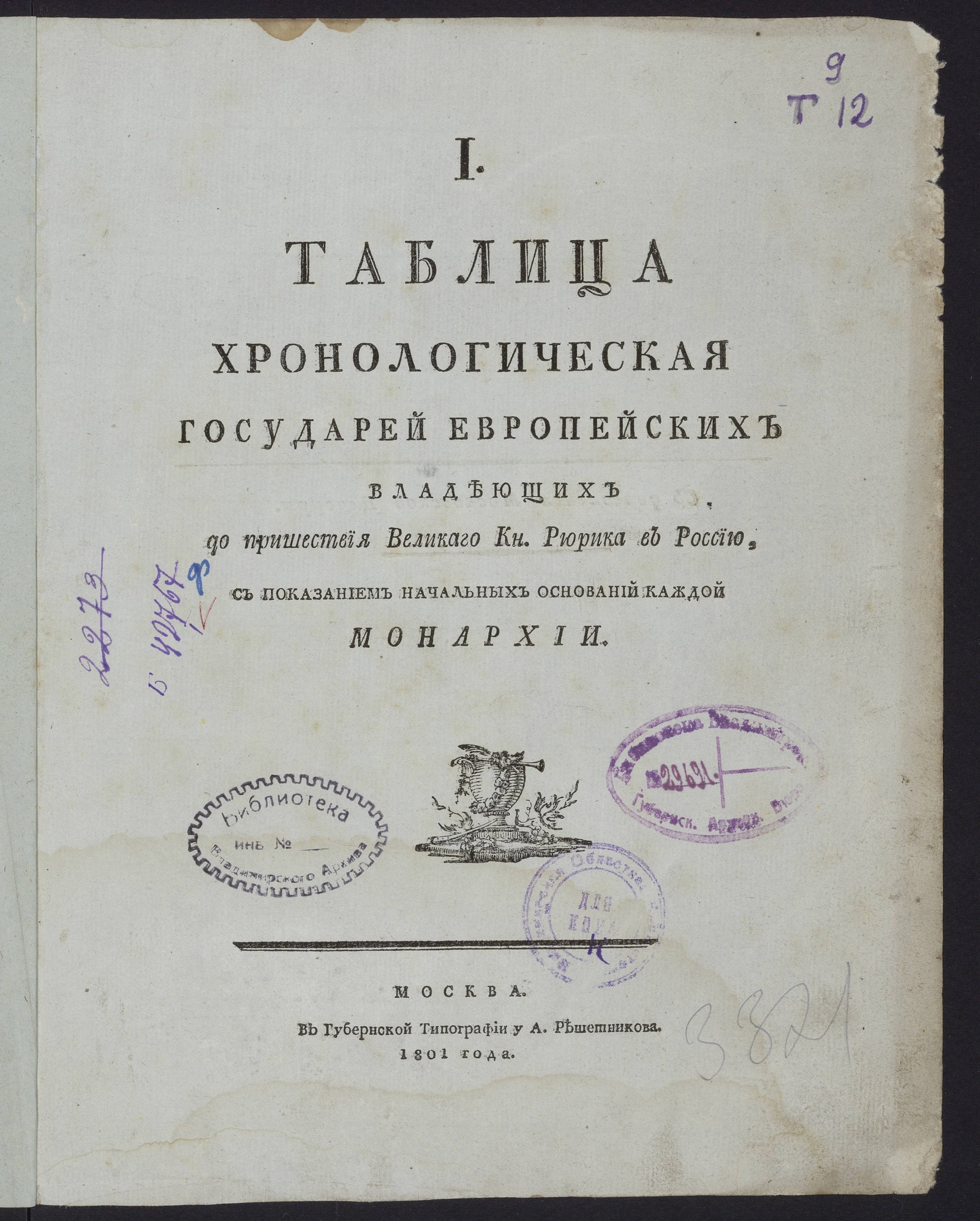 Изображение Таблица хронологическая государей европейских... Табл. I