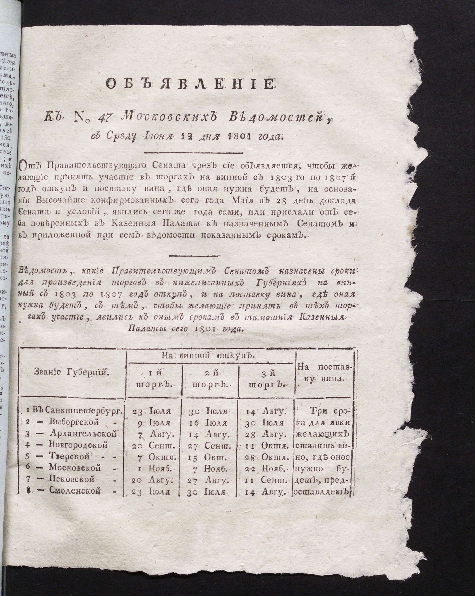 Изображение книги Объявление к № 47 Московских ведомостей (12 июня 1801)
