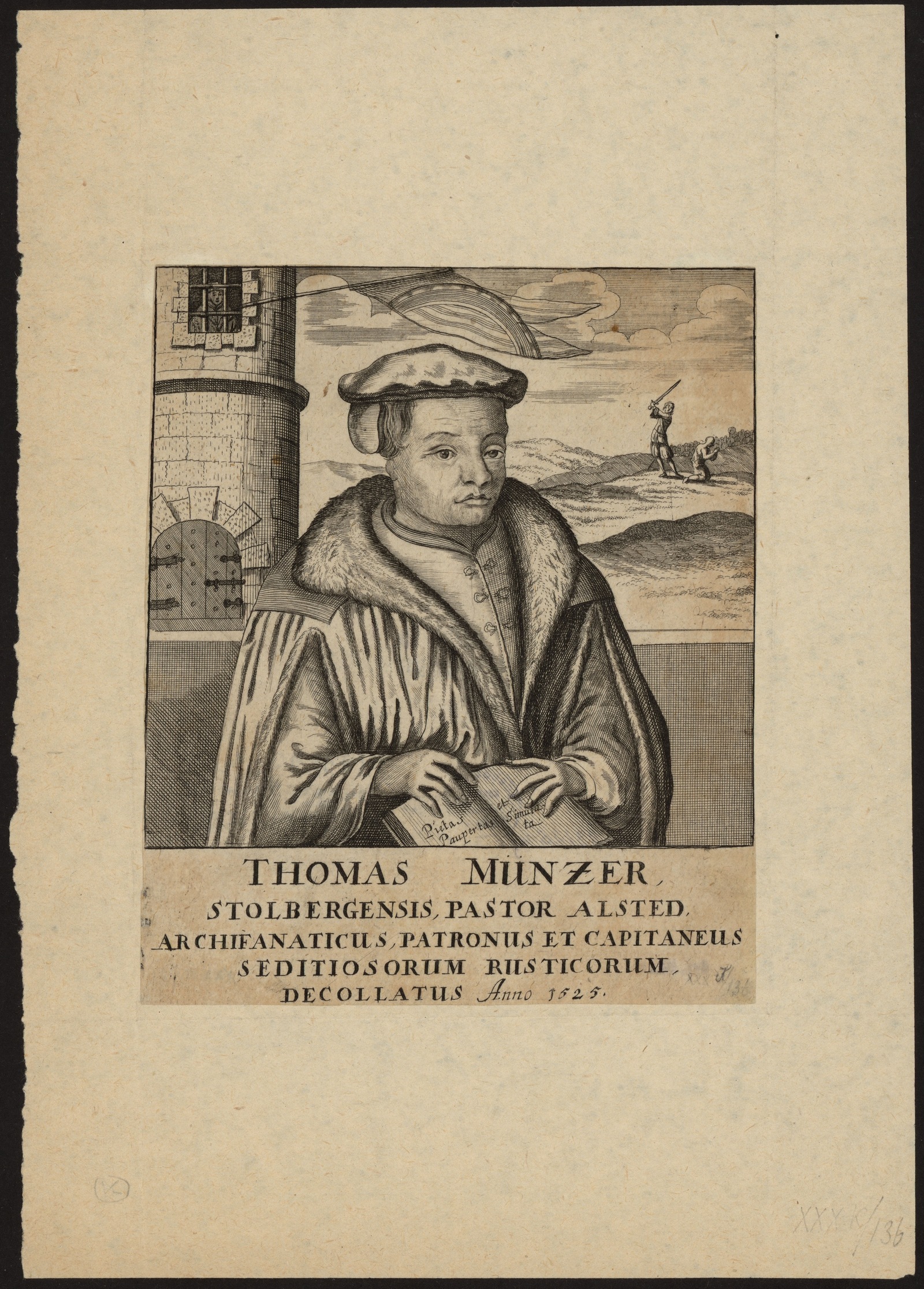 Изображение книги Thomas Münzer, Stolbergensis, pastor Alstedensis, archifanaticus, patronus et capitaneus seditiosorum rusticorum, decolatus Anno 1525.