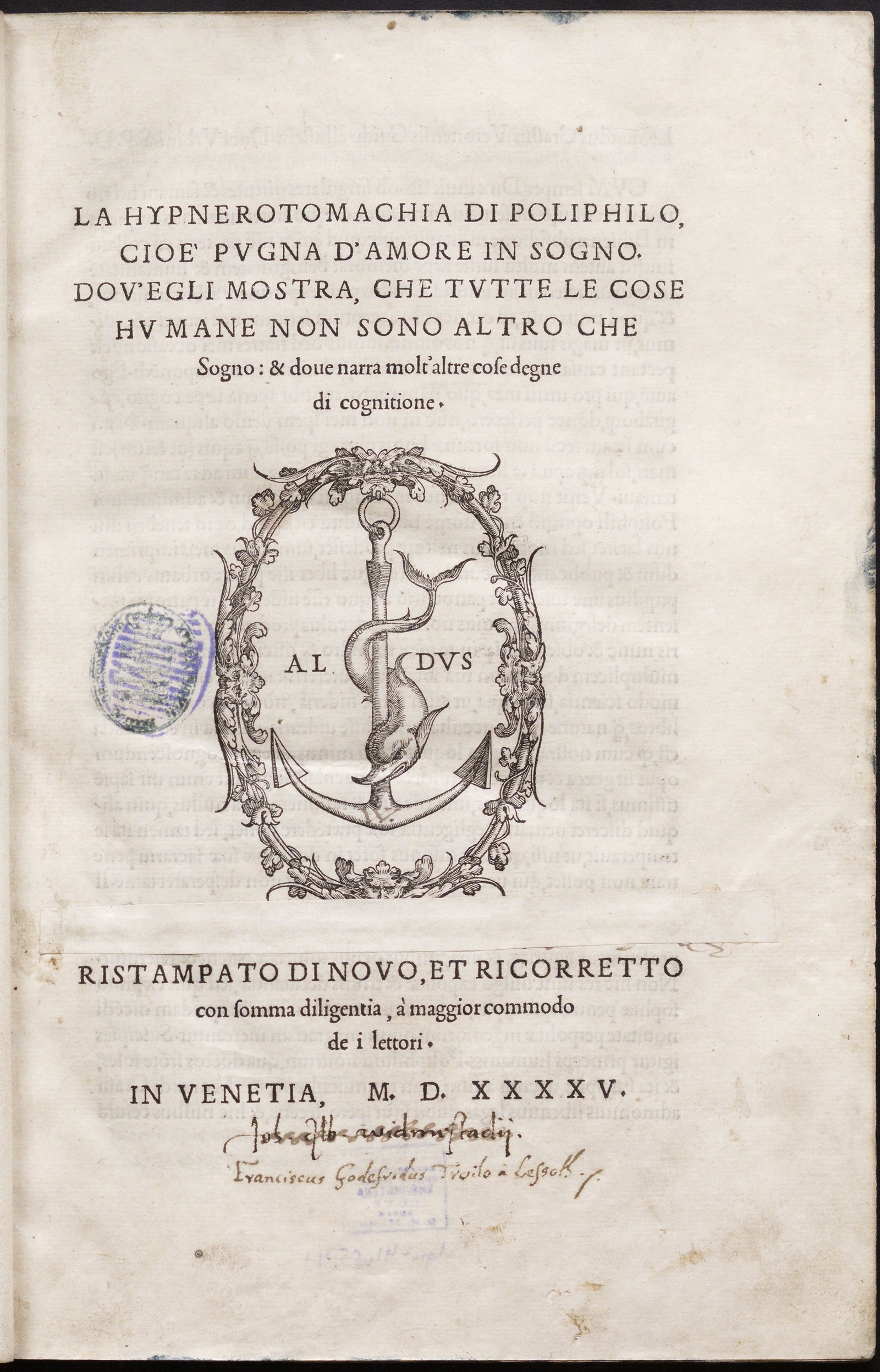 Изображение книги La Hypnerotomachia di Poliphilo, cioè pugna d'amore in sogno. Dov'egli mostra, che tutte le cose humane non sono altro che sogno