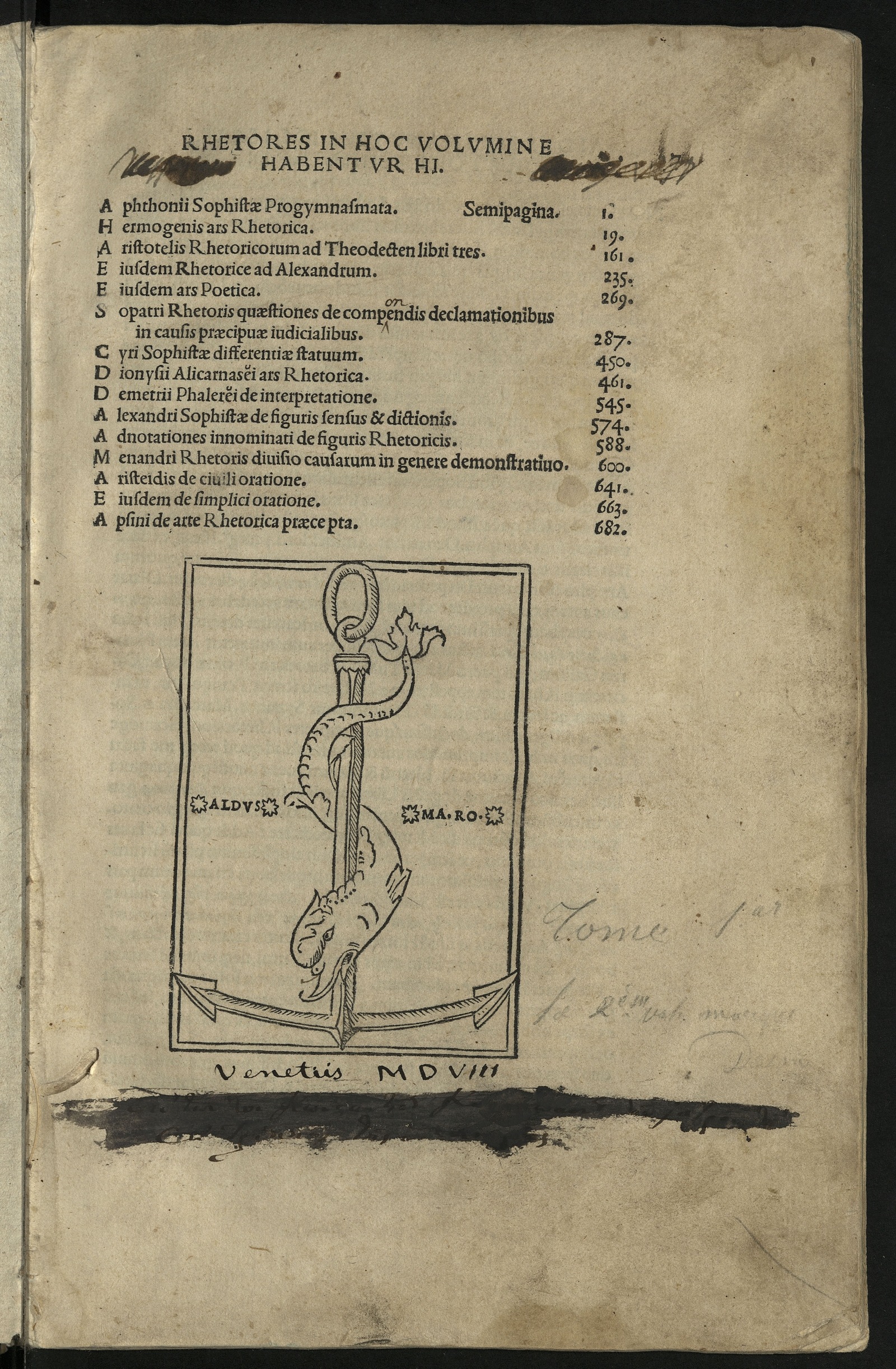 Изображение Rhetores in hoc volumine habentur hi. Aphthonii Sophistæ Progymnasmata. Hermogenis ars Rhetorica. Aristotelis Rhetoricorum ad Theodecten libri tres. Eiusdem Rhetorice ad Alexandrum. Eiusdem ars Poetica. Sopatri Rhetoris quæstiones de compone[n]dis declamationibus in causis praecipuæ iudicialibus. Cyri Sophistæ differentiæ statuum. Dionysii Alicarnasei ars Rhetorica. Demetrii Phalerei de interpretatione. Alexandri Sophistæ de figuris sensus & dictionis. Adnotationes innominati de figuris Rhetoricis. Menandri Rhetoris diuisio causarum in genere demonstratiuo. Aristeidis de ciuili oratione. Eiusdem de simplici oratione. Apsini de arte Rhetorica præcepta