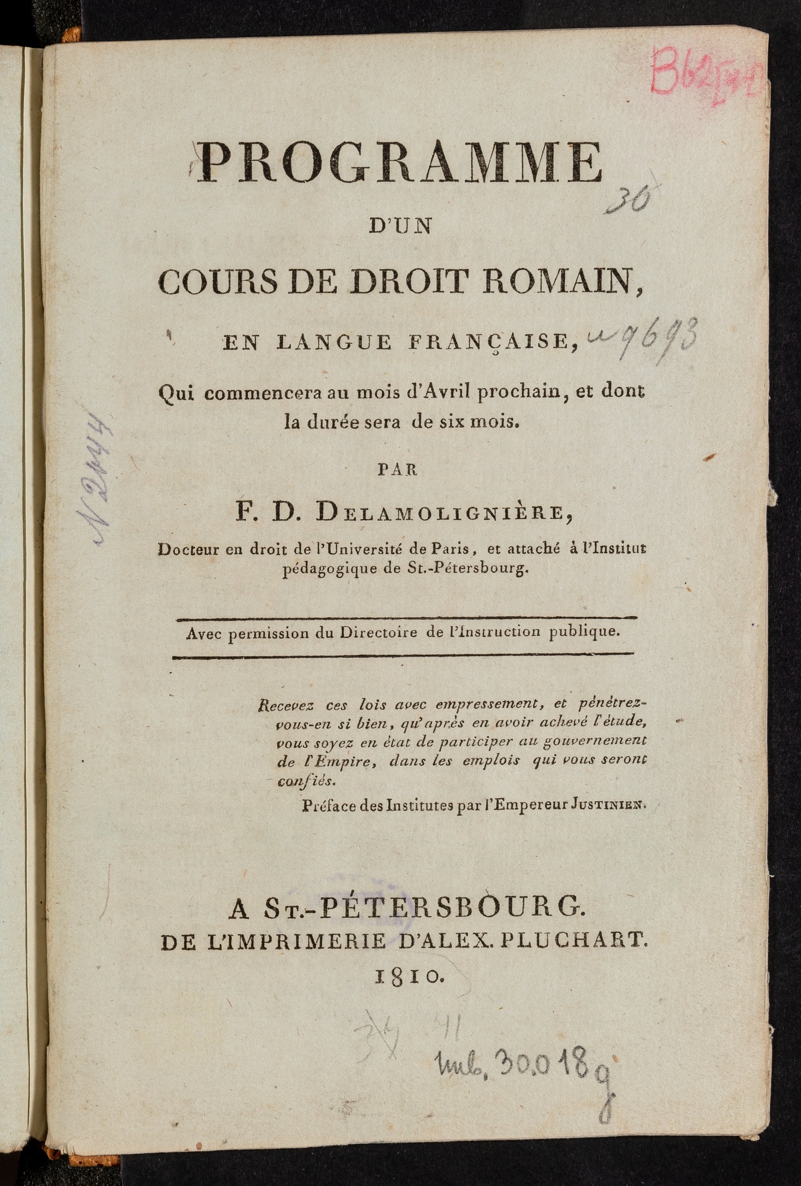 Изображение книги Programme d'un cours de droit Romain, en langue française, qui commencera au mois d'Avril prochain, et dont la durée sera de six mois