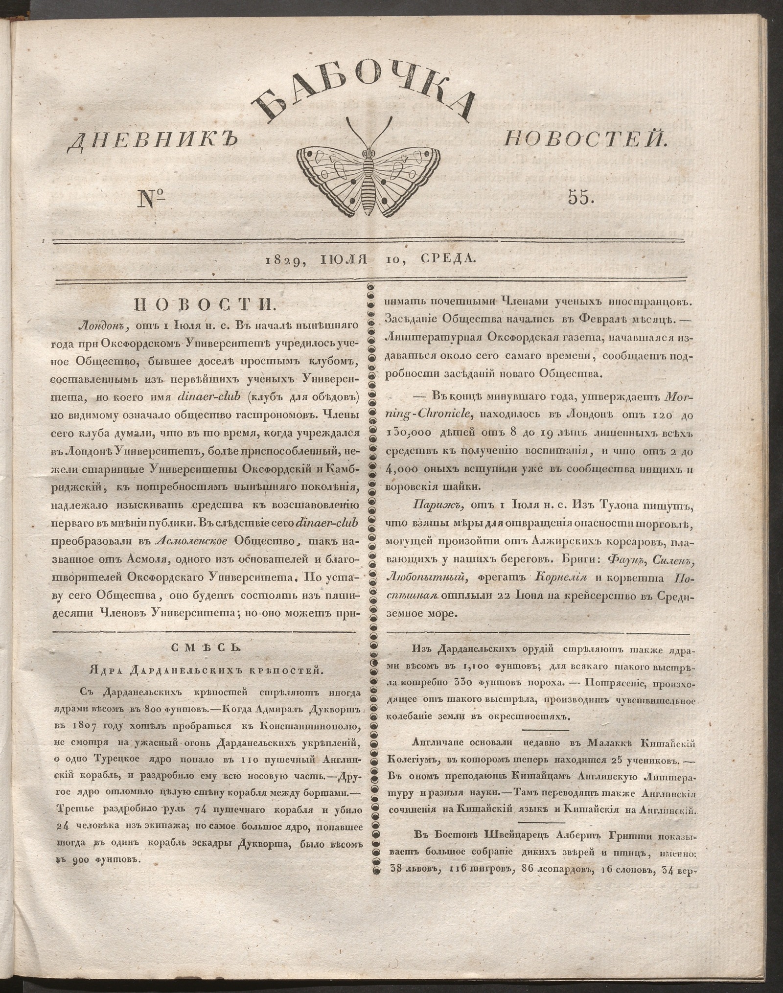 Изображение книги Бабочка : дневник новостей. 1829, № 55 (10 июля)