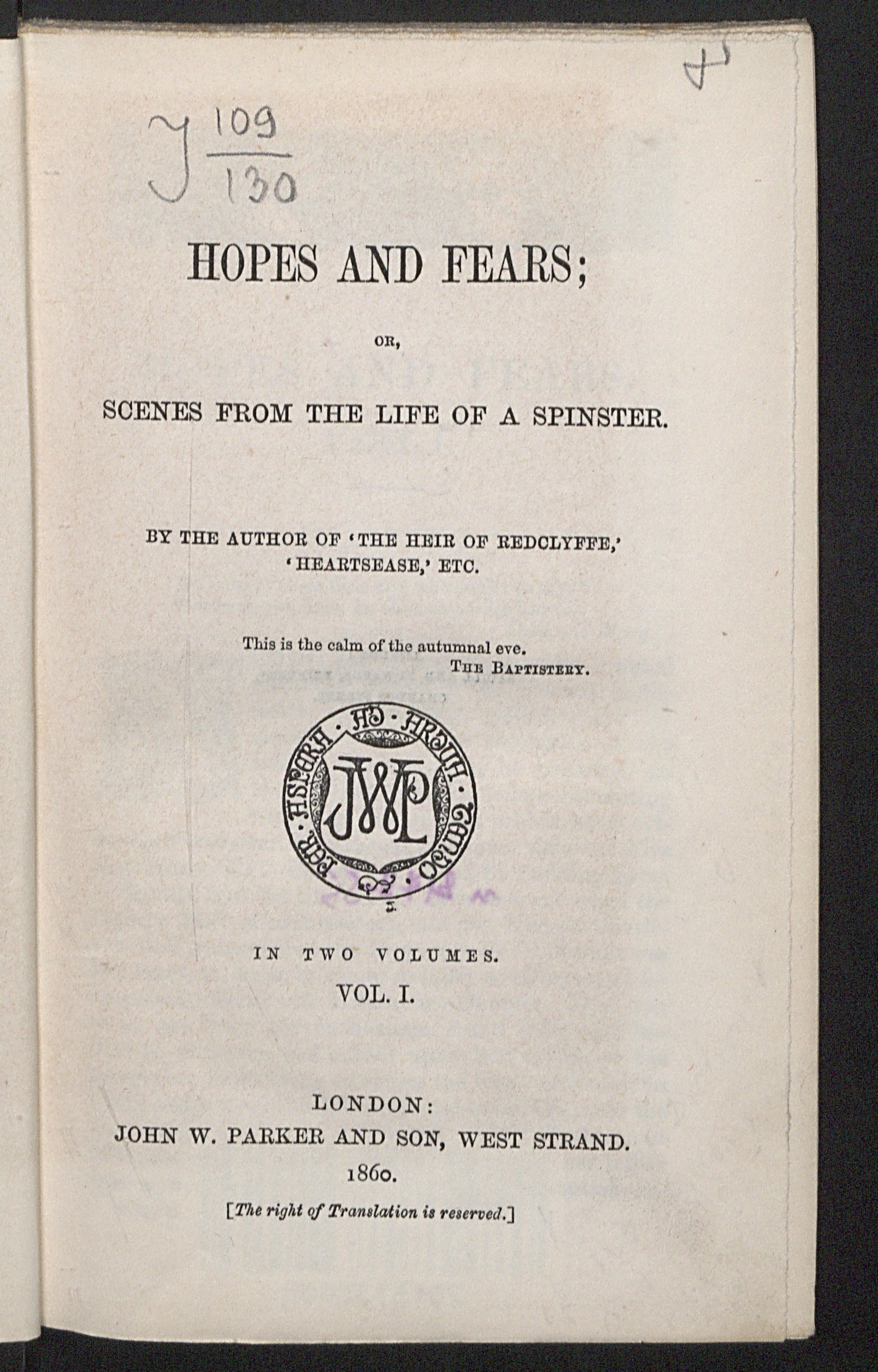 Изображение книги Hopes and fears; or, Scenes from the life of a spinster. Vol. 1