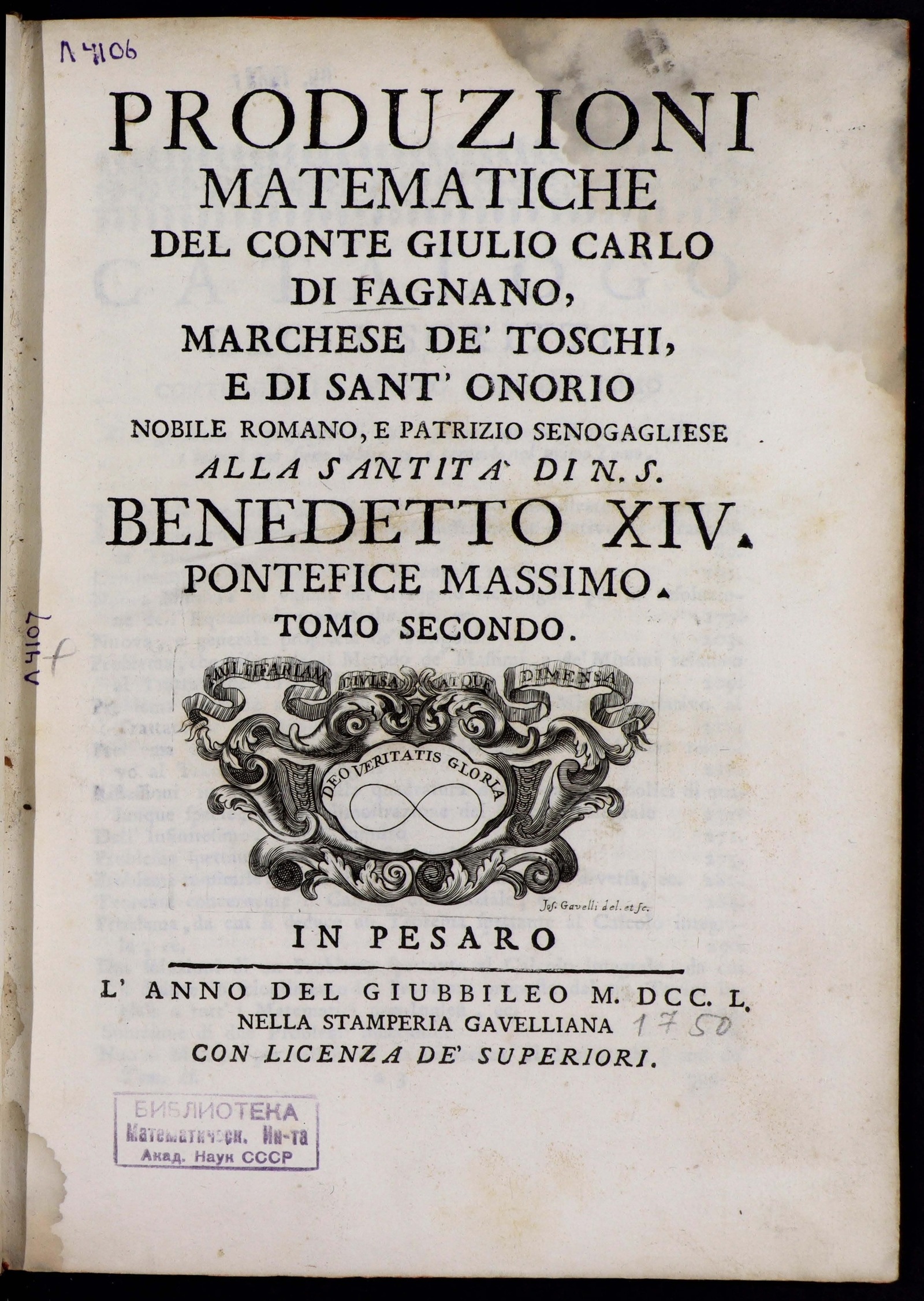 Изображение книги Produzioni matematiche del conte Giulio Carlo di Fagnano, marchese de'Toschi, e di Sant'Onorio, nobile romano, e patrizio senogagliese. T. 2.