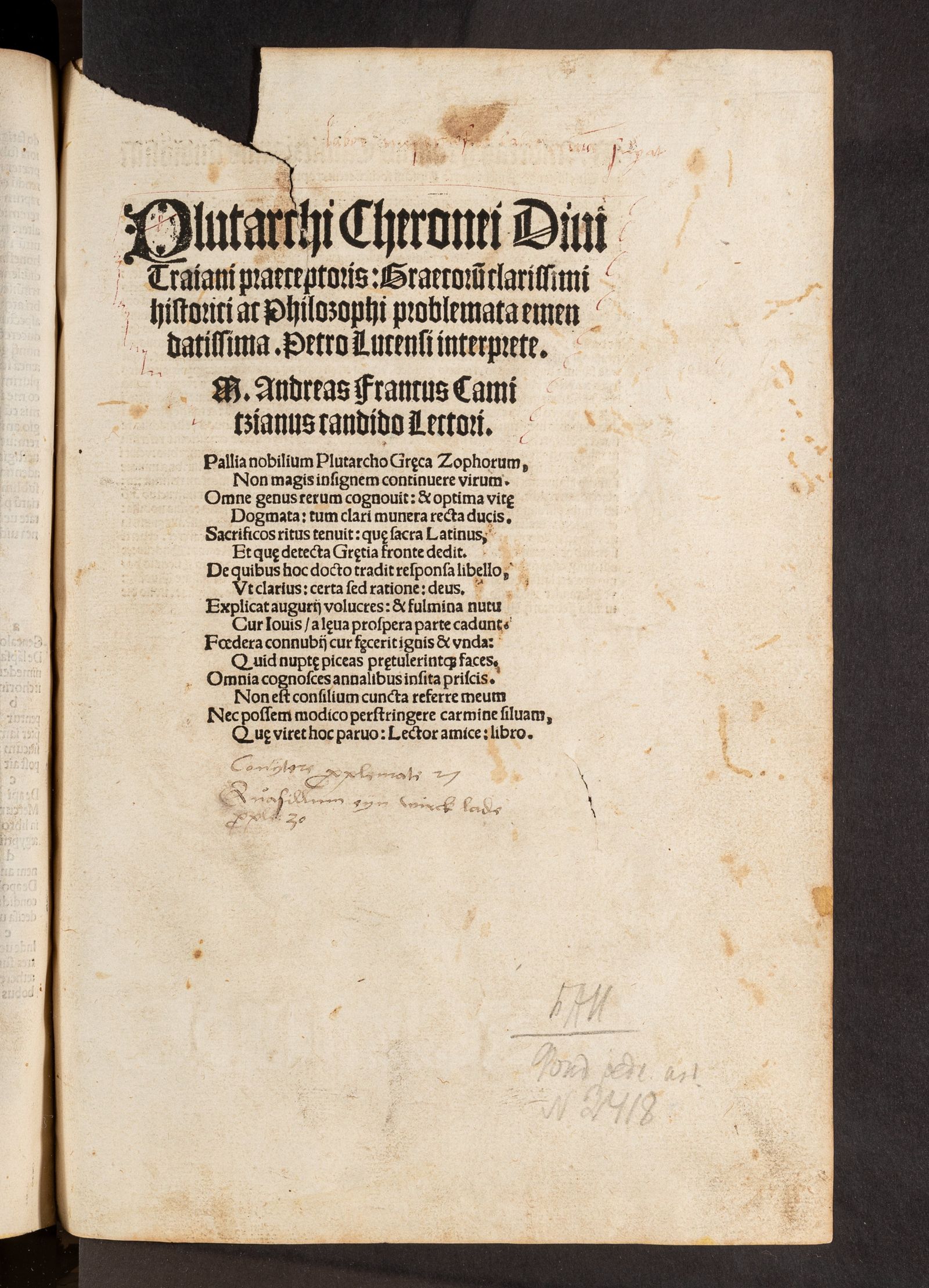 Изображение книги Plutarchi Cheronei Diui Traiani praeceptoris Graecorum clarissimi historici at Philosophi problemata emendatissima; Petro Lucensi interprete