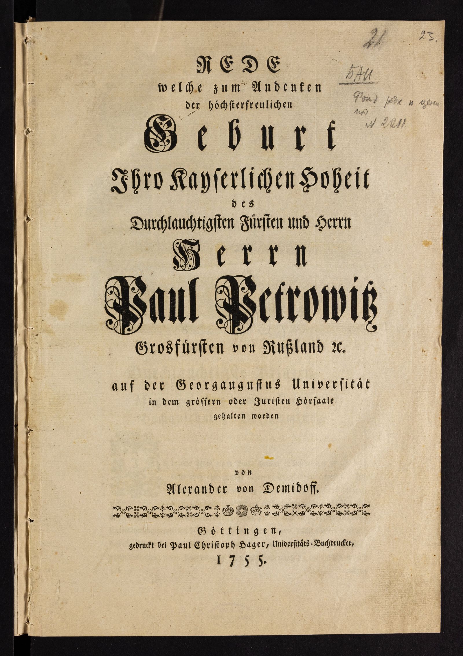 Изображение Rede welche zum Andenken der höchsterfreulichen Geburt Ihro Kayserlichen Hoheit des Durchlauchtigsten Fürsten und Herrn Herrn Paul Petrowitz Grosfürsten von Russland etc.