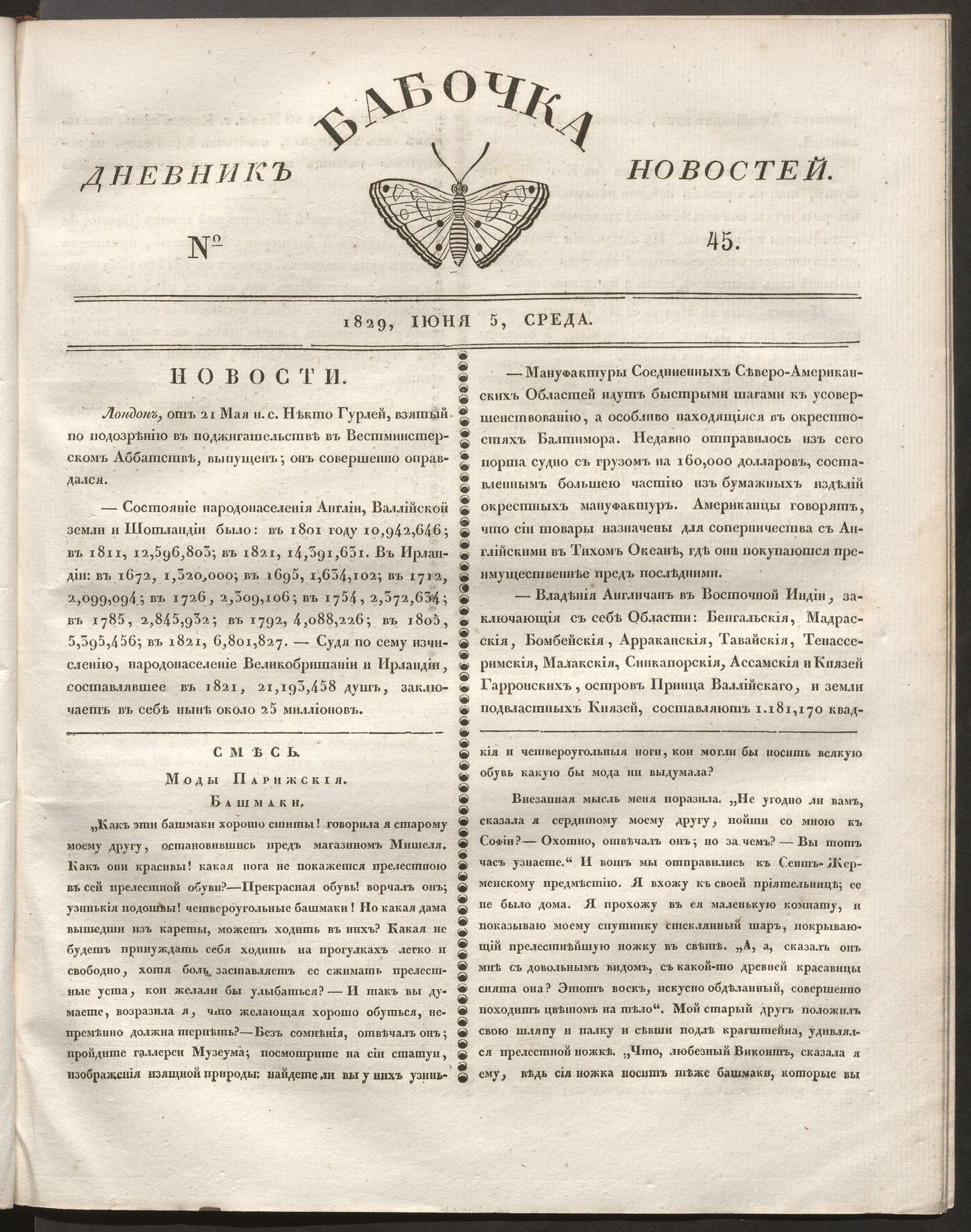 Изображение книги Бабочка : дневник новостей. 1829, № 45 (5 июня)