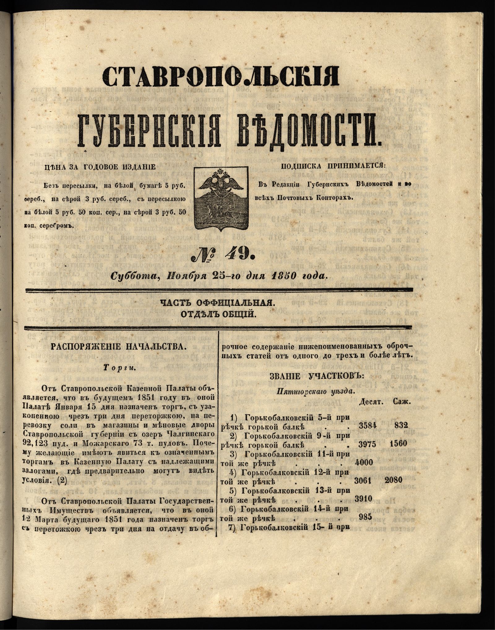 Изображение книги Ставропольские губернские ведомости. 1850, №49 (25 ноября, суббота)