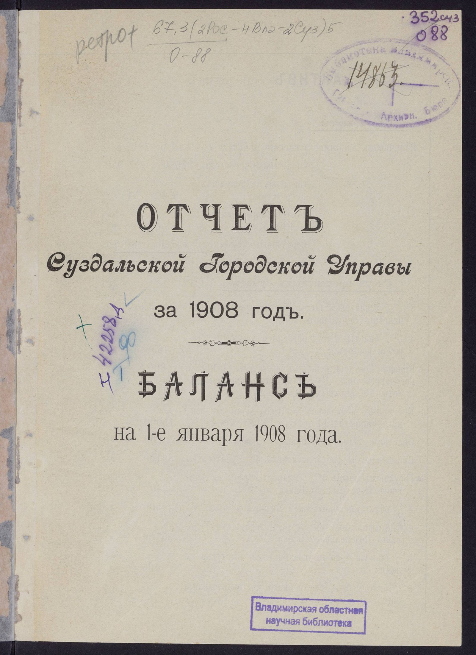Изображение Отчёт Суздальской городской управы за 1908 год