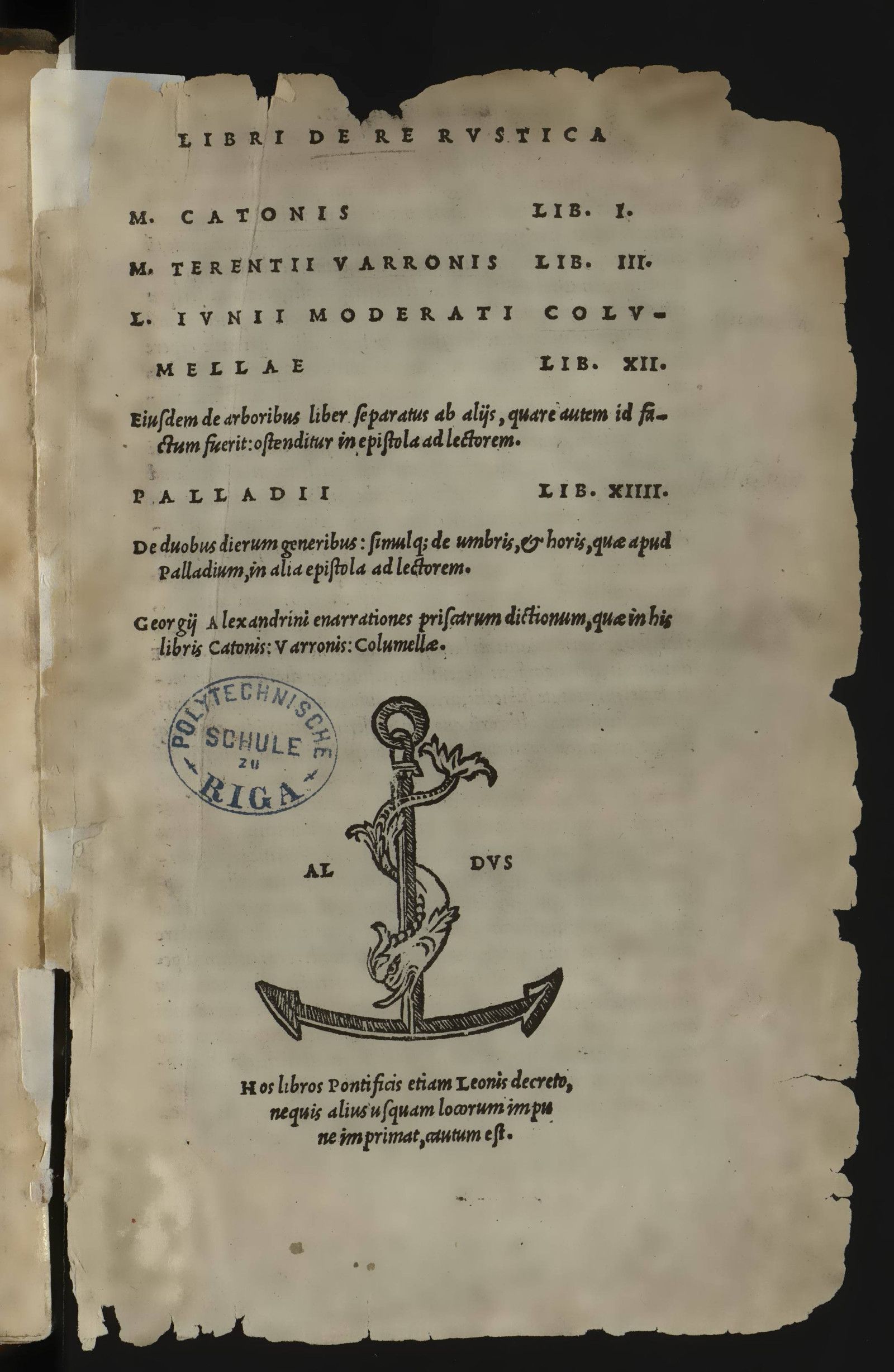 Изображение Libri de re rustica M. Catonis lib. I. M. Terentii Varronis lib. III. L. Iunii Moderati Columellae lib. XII. Eiusdem de arboribus liber separatus ab alijs, quare autem id factum fuerit