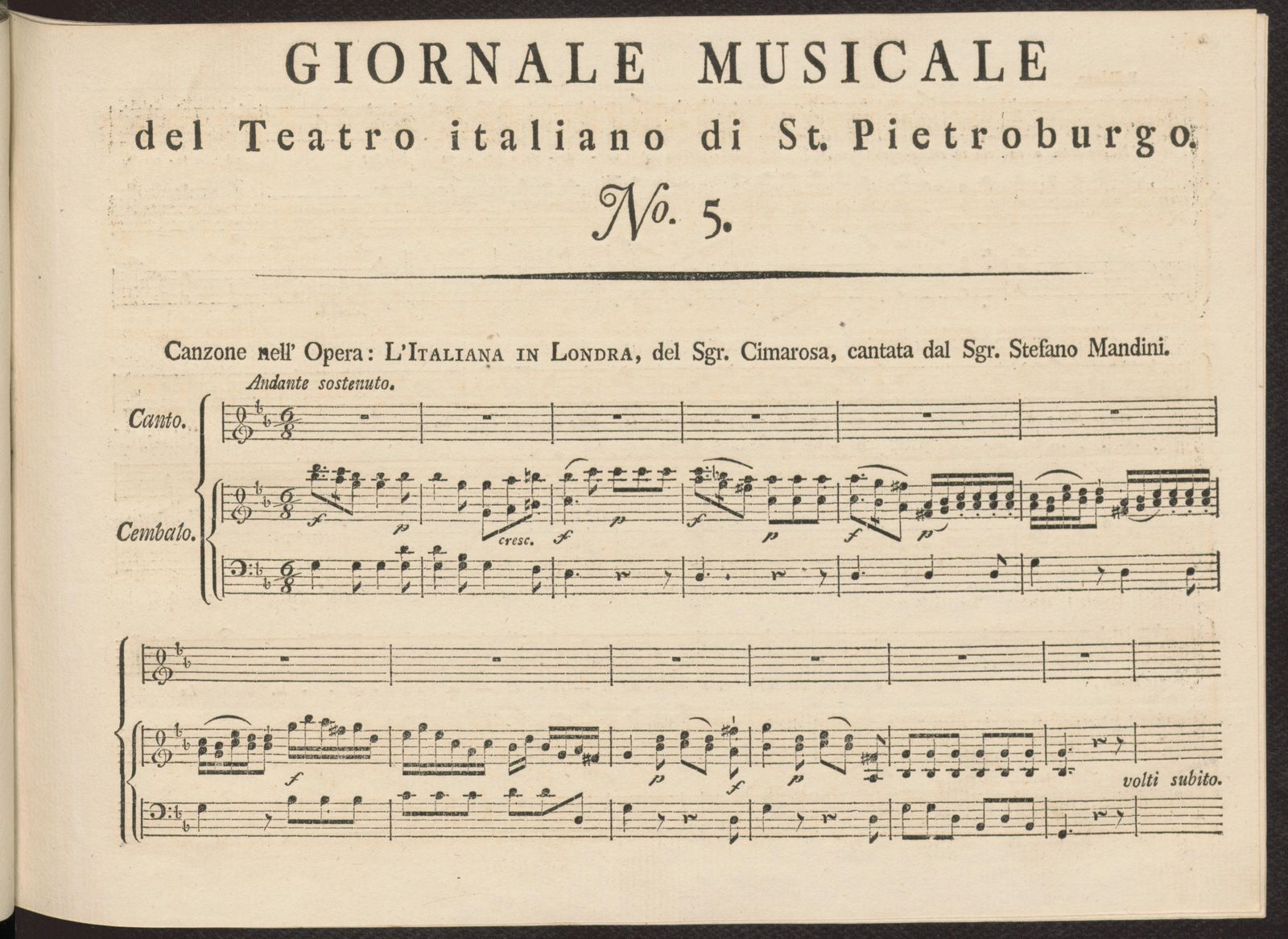 Изображение Giornale musicale del Teatro italiano di St. Pietroburgo. [Т. 1]. № 5