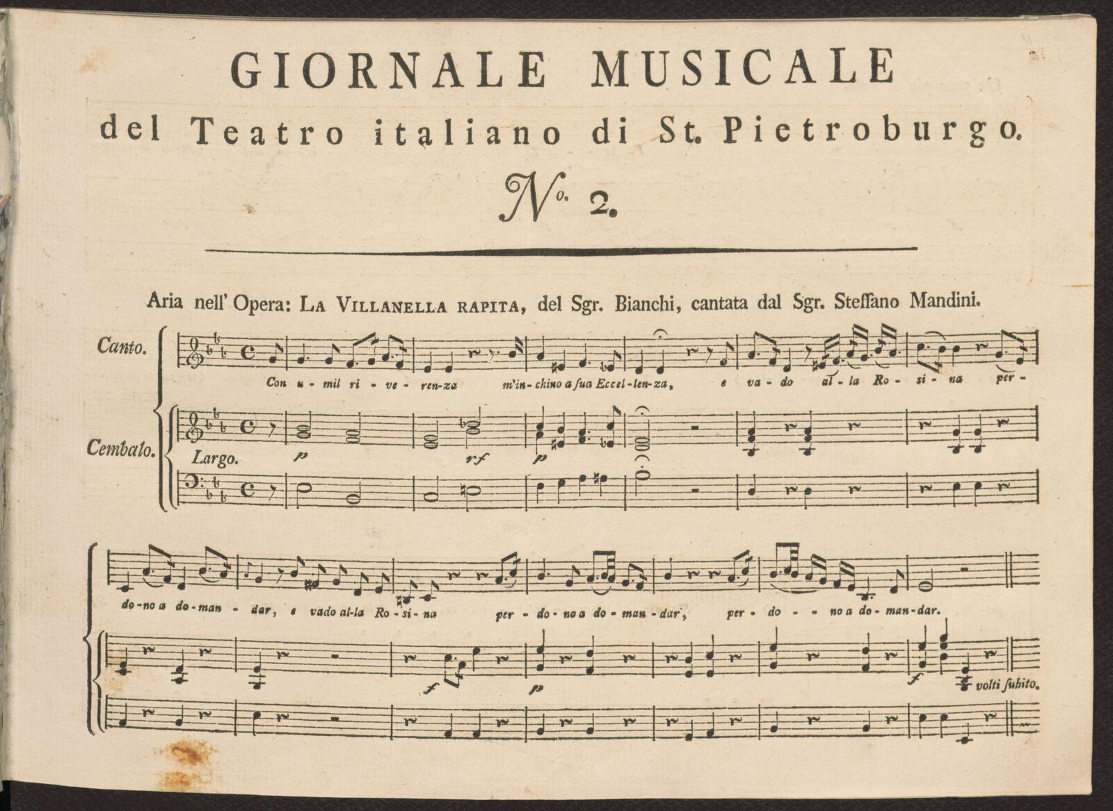 Изображение Giornale musicale del Teatro italiano di St. Pietroburgo. [Т. 1] ; № 2