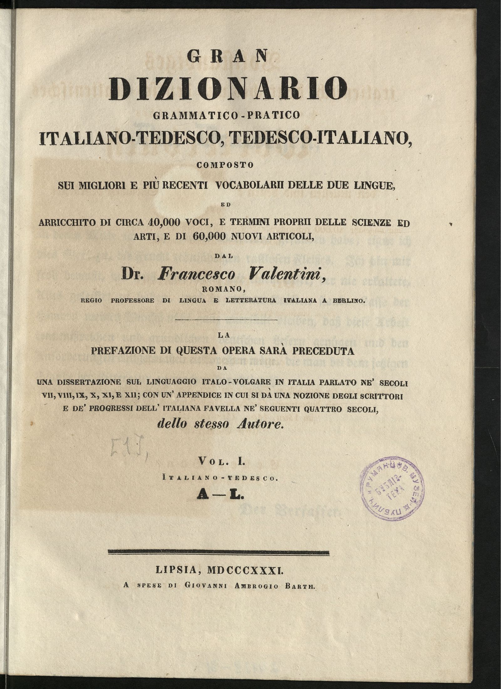 Изображение Gran dizionario grammatico-pratico italiano-tedesco, tedesco-italiano. Bd. 1