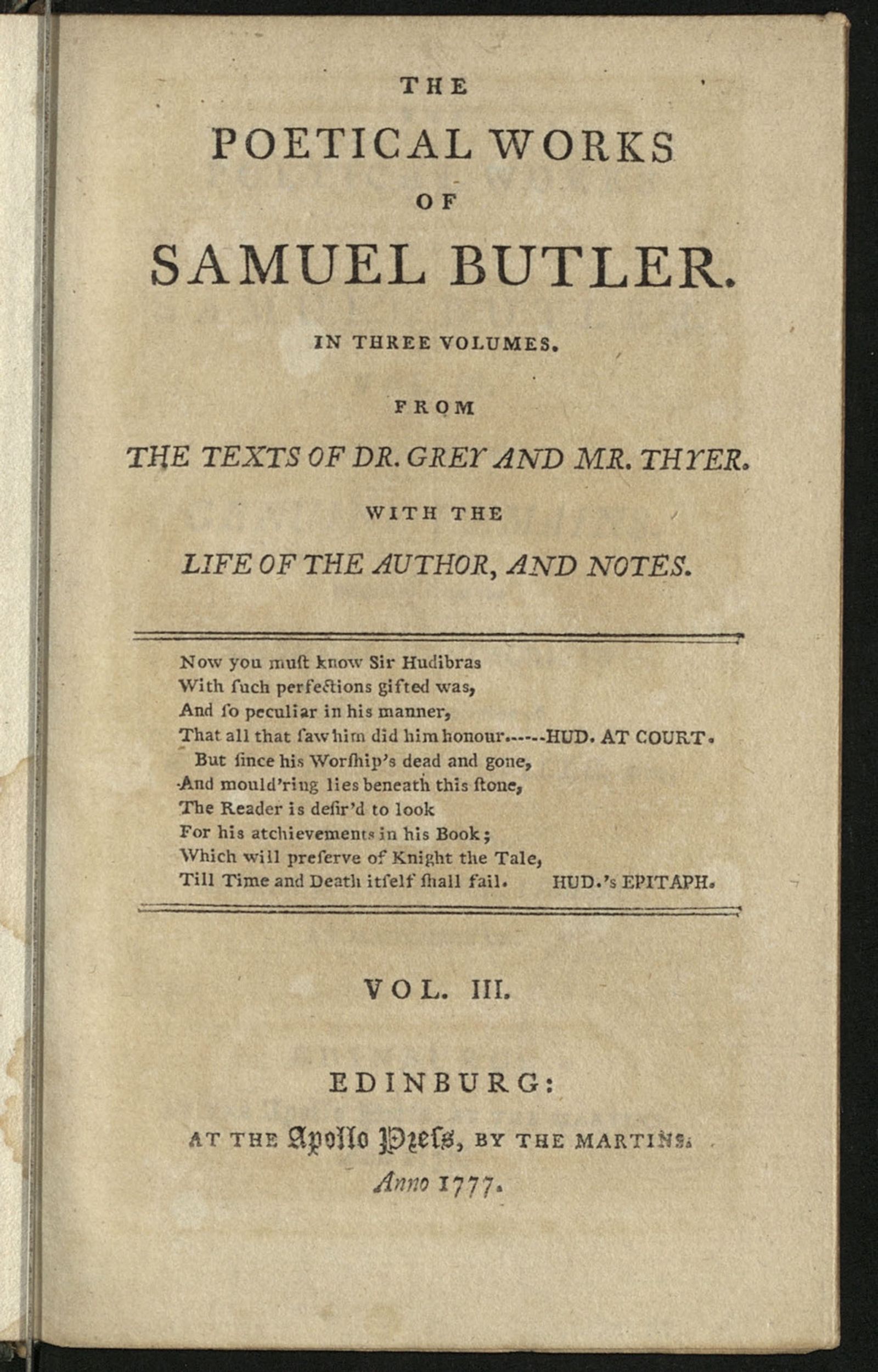 Изображение The poetical works of Samuel Butler. In three volumes. From the texts of dr. Grey and mr. Thyer. Vol. 3