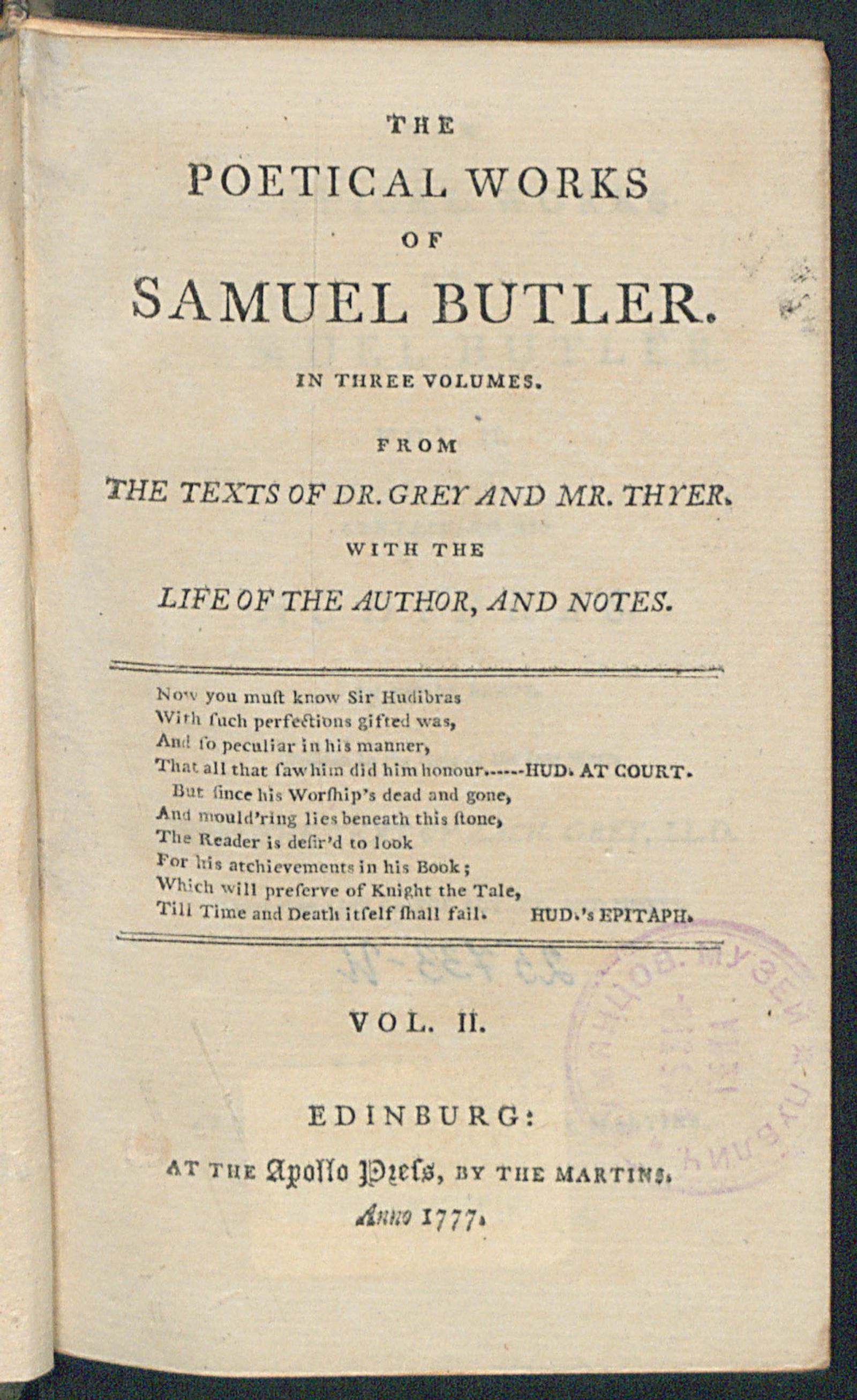 Изображение книги The poetical works of Samuel Butler. In three volumes. From the texts of dr. Grey and mr. Thyer. Vol. 2