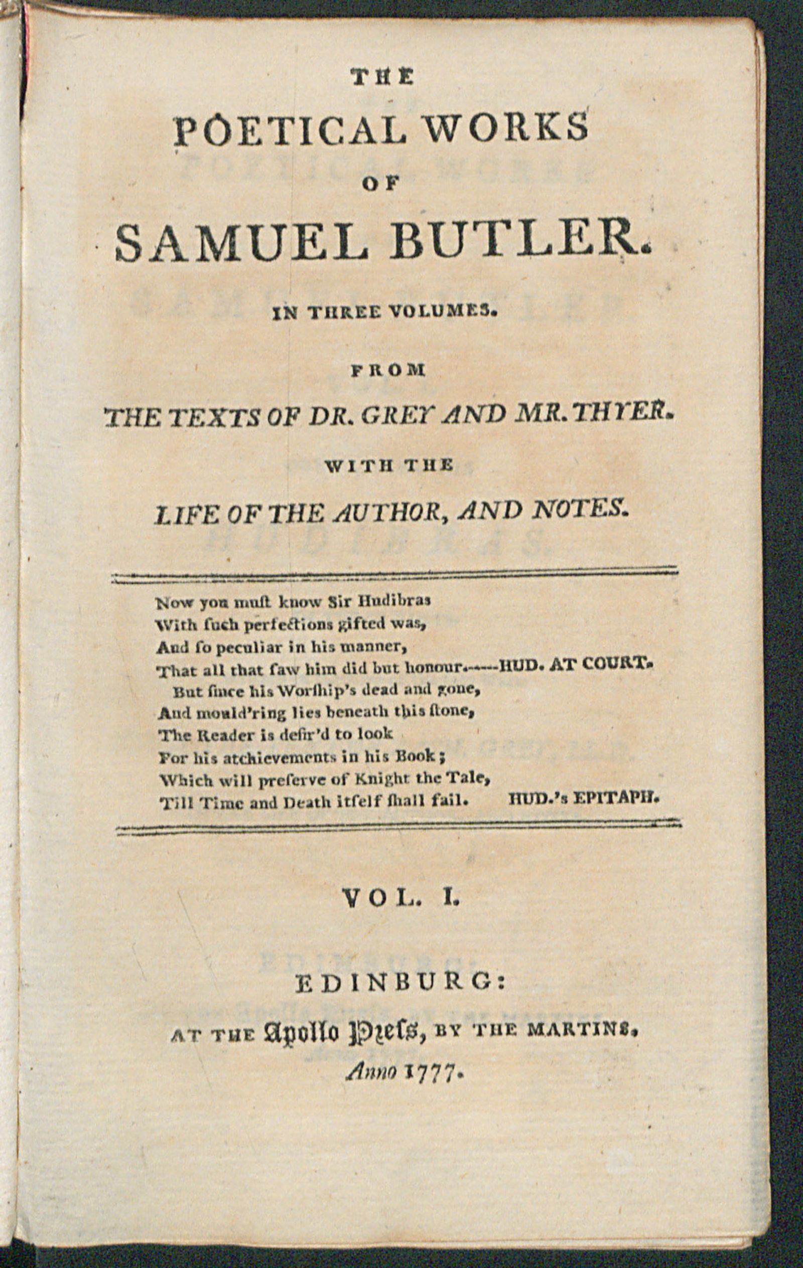 Изображение The poetical works of Samuel Butler. In three volumes. From the texts of dr. Grey and mr. Thyer. Vol. 1