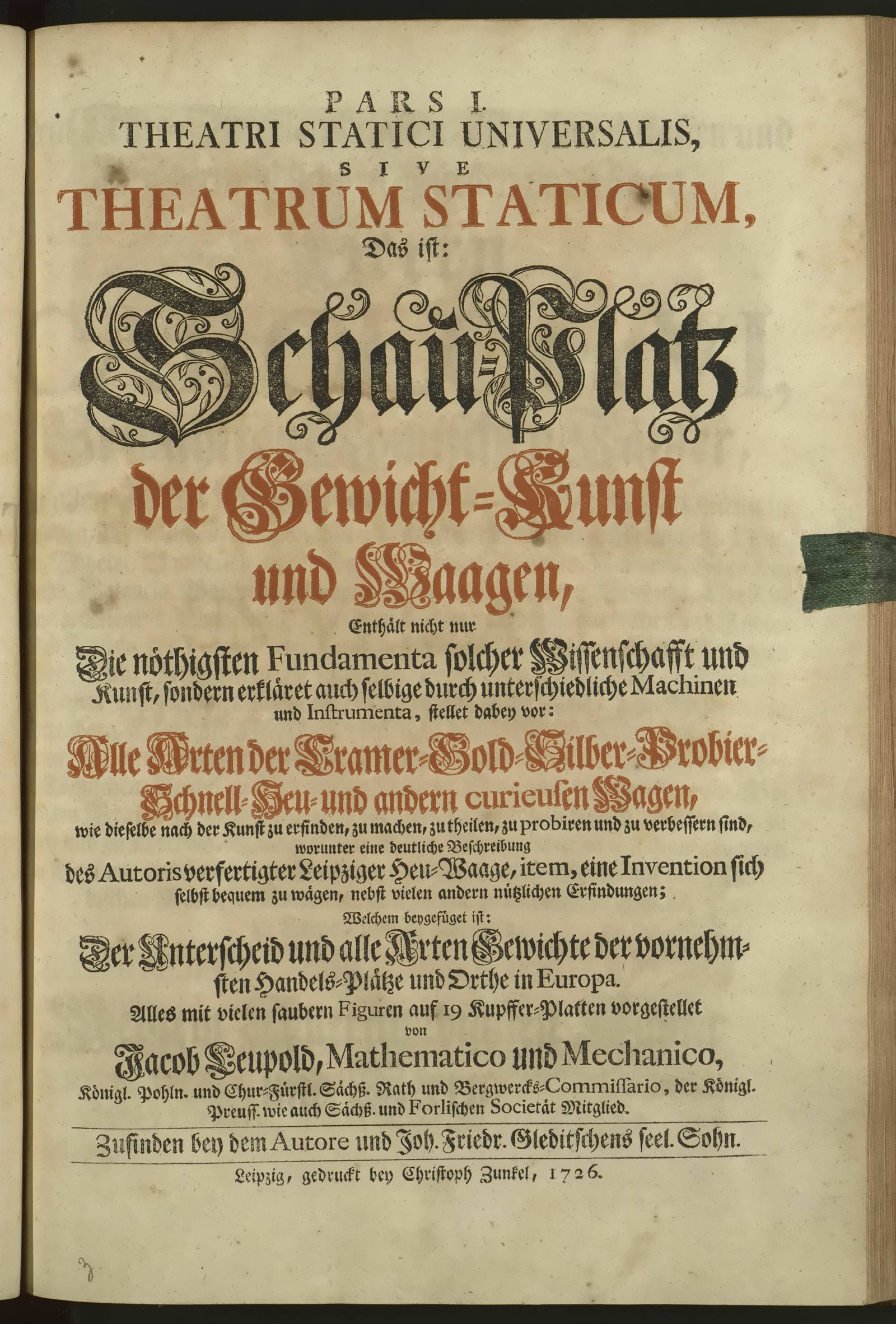 Изображение книги Pars I Theatri statici universalis, sive Theatrum staticum, das ist