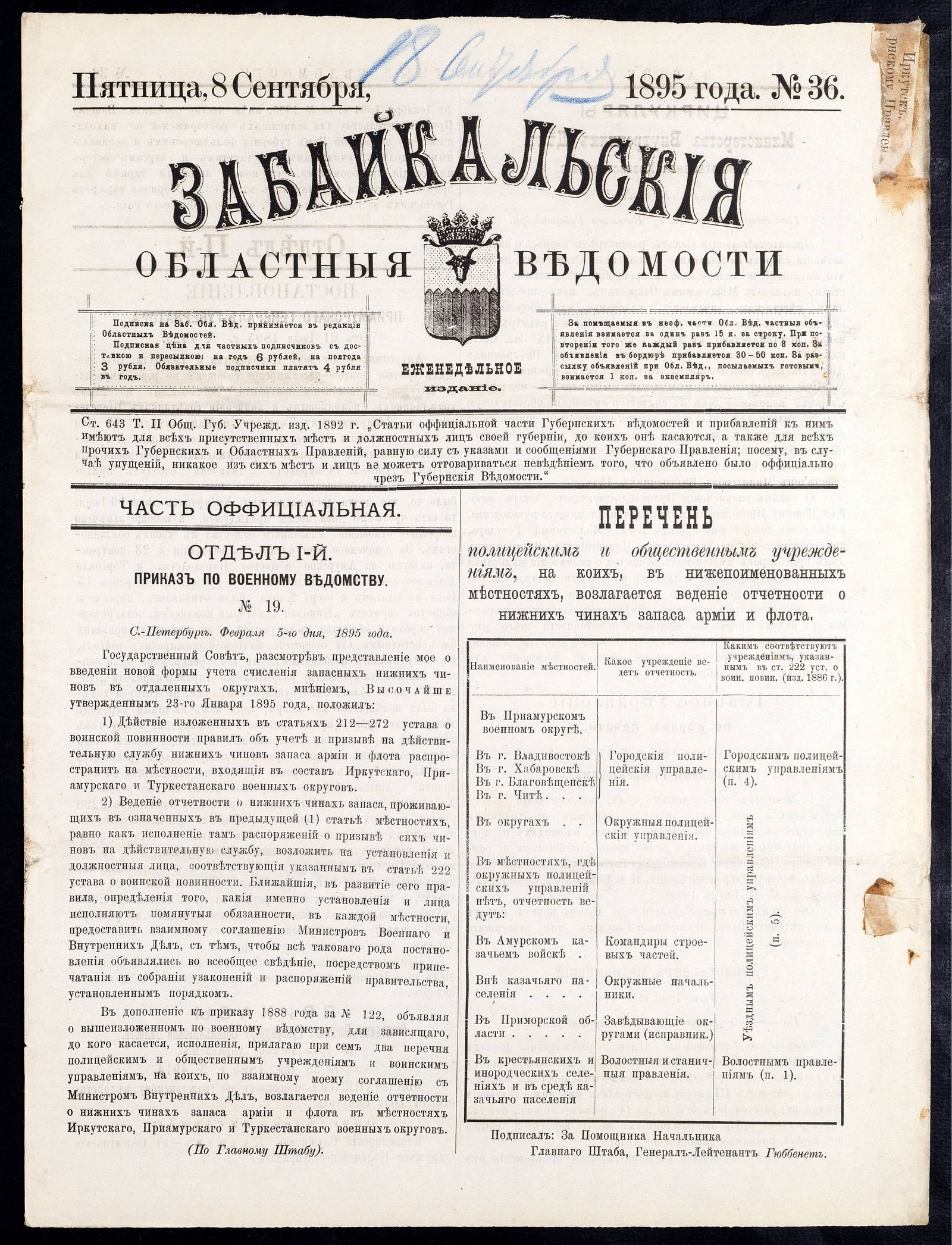 Изображение книги Забайкальские областные ведомости. №36 (8 сентября)