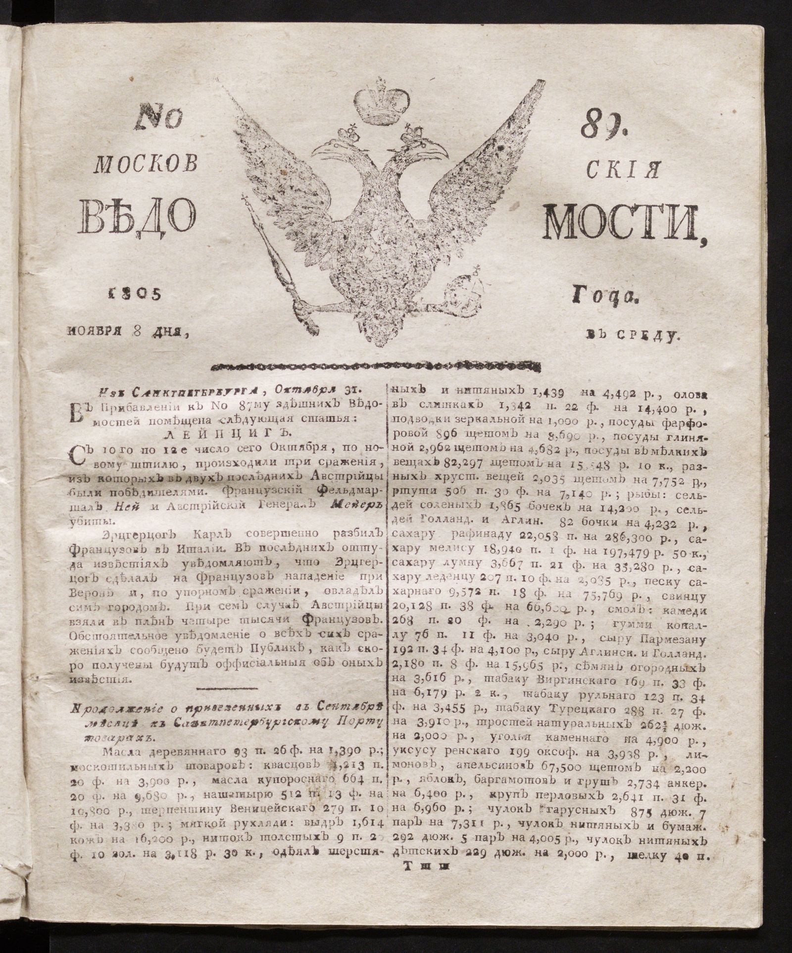 Изображение книги Московския ведомости. 1805, № 89 (8 ноября)