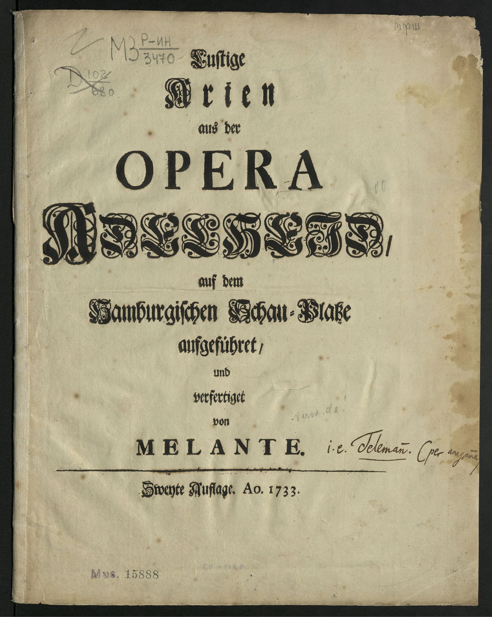 Изображение Lustige Arien aus der Opera "Adelheid", auf dem Hamburgischen Schau-Platze aufgeführet und verfertiget von Melante