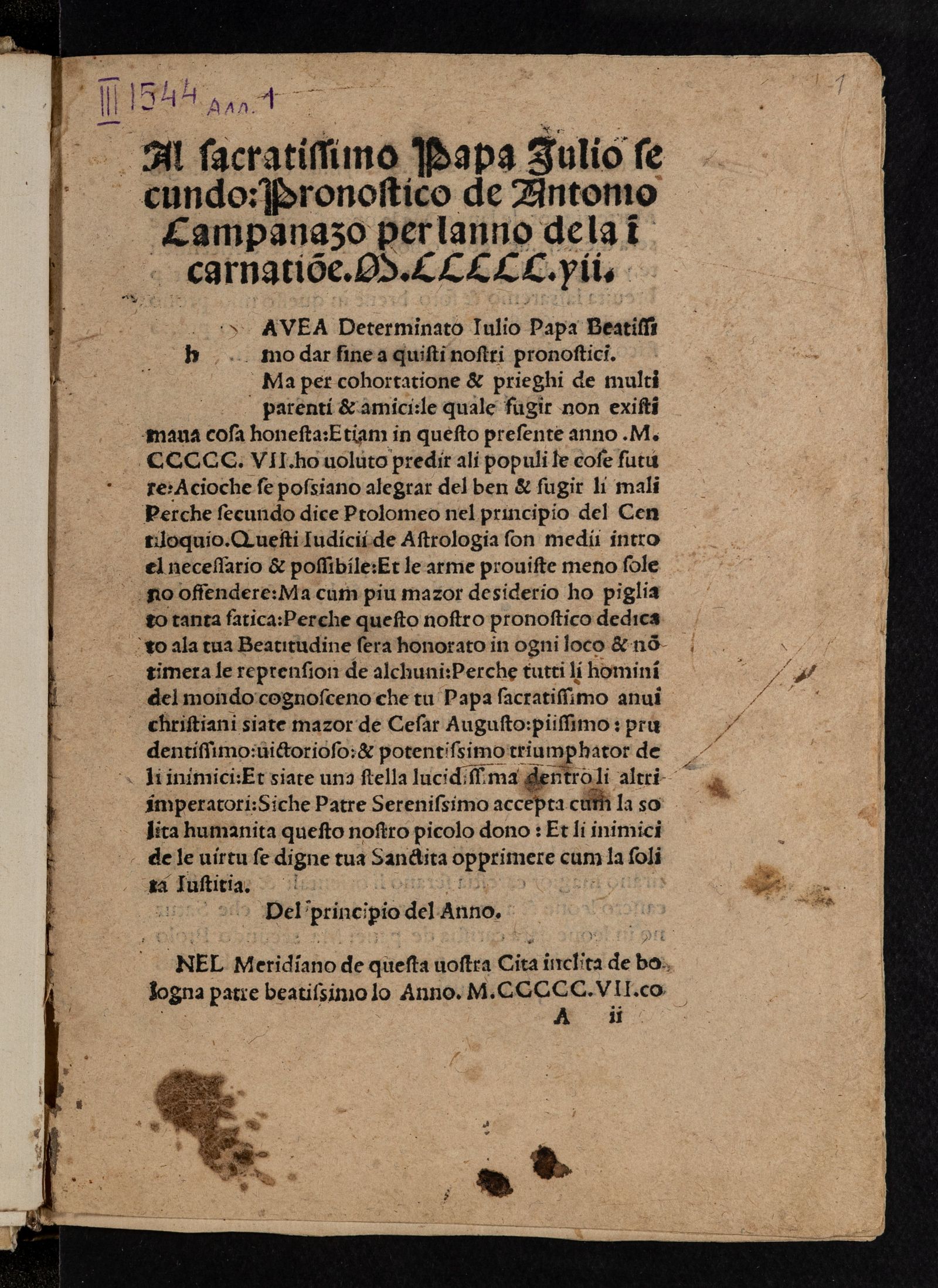 Изображение Al sacratissimo Papa Iulio secundo: Pronostico de Antonio Campanazo per lanno de la incarnatione MCCCCCVII