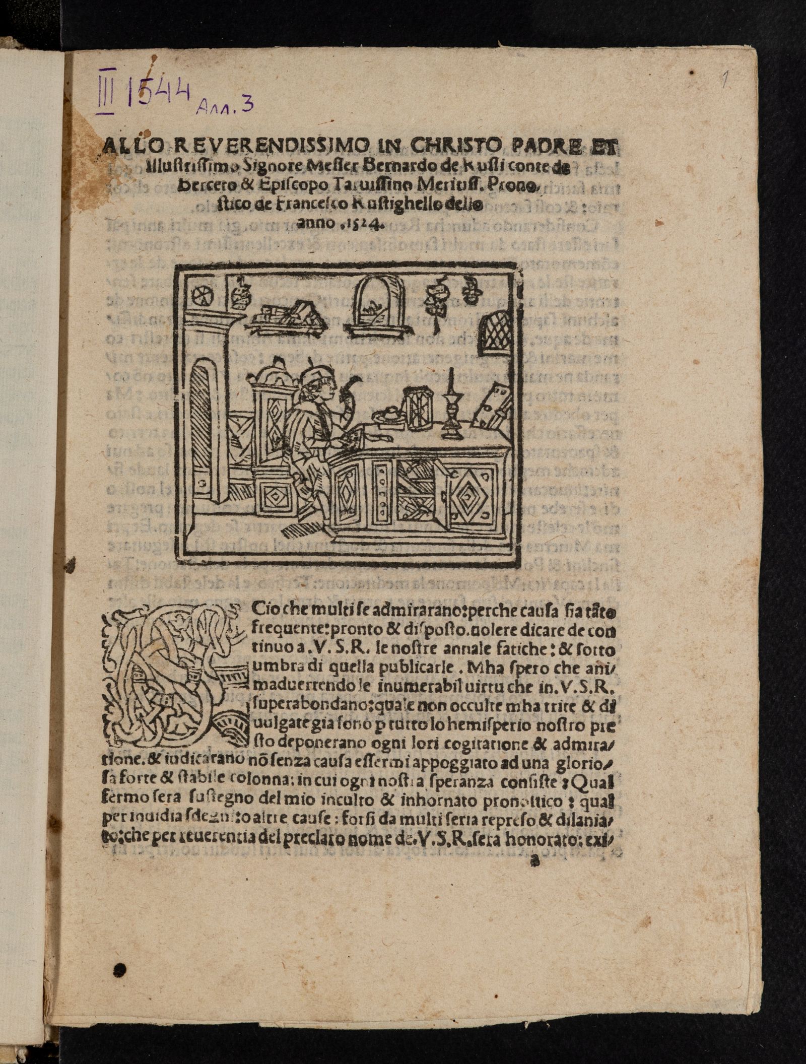 Изображение Allo reverendissimo in Christo padre et illustrissimo signore messer Bernardo de Russi conte de Berceto et episcopo Tarvissino meritiss. Pronostico de Francesco Rustighello dello anno 1524