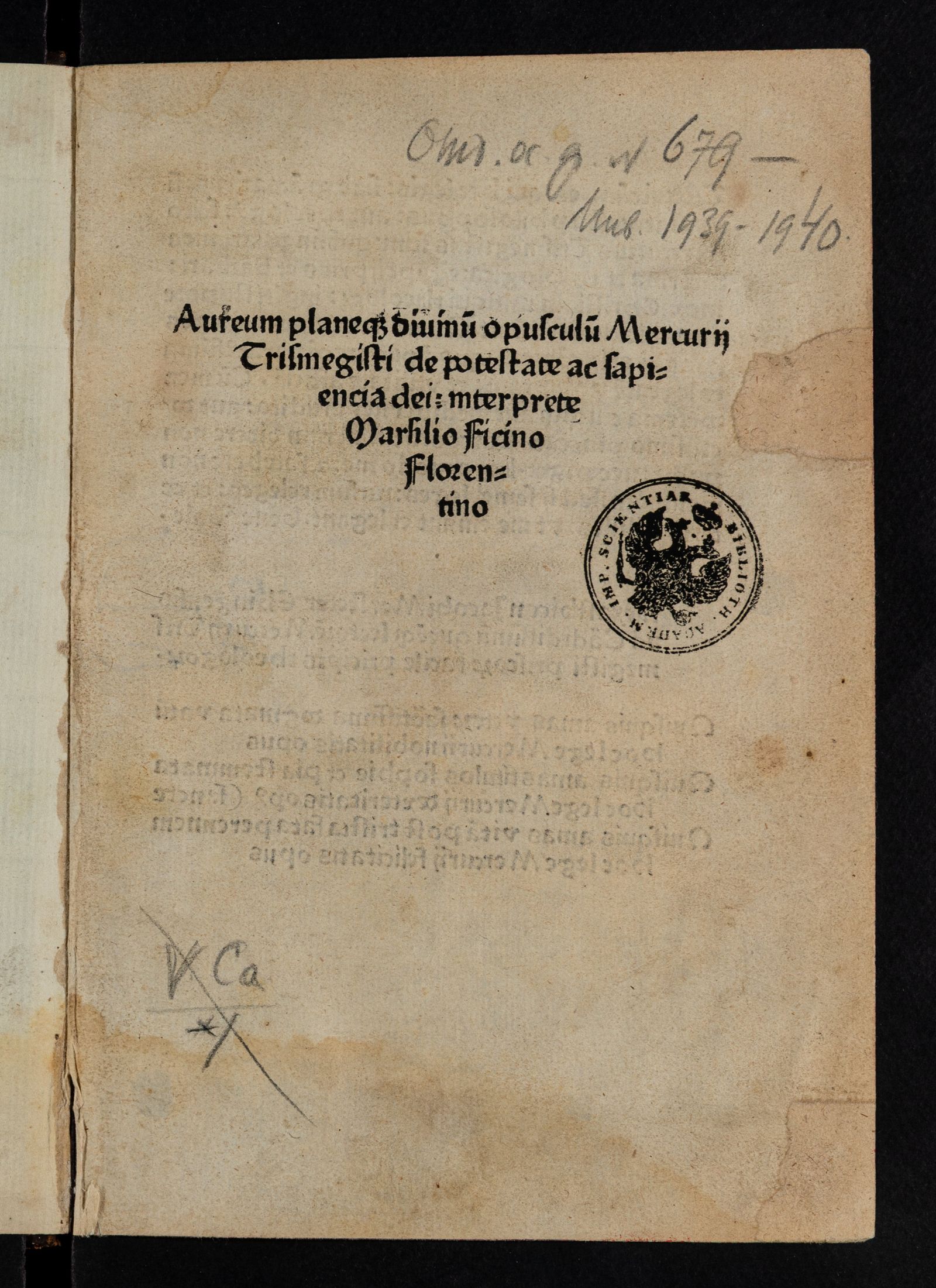 Изображение Aureum planeque divinum opusculum Mercurii Trismegisti de potestate ac sapientia dei, interprete Marsilio Ficino Florentino