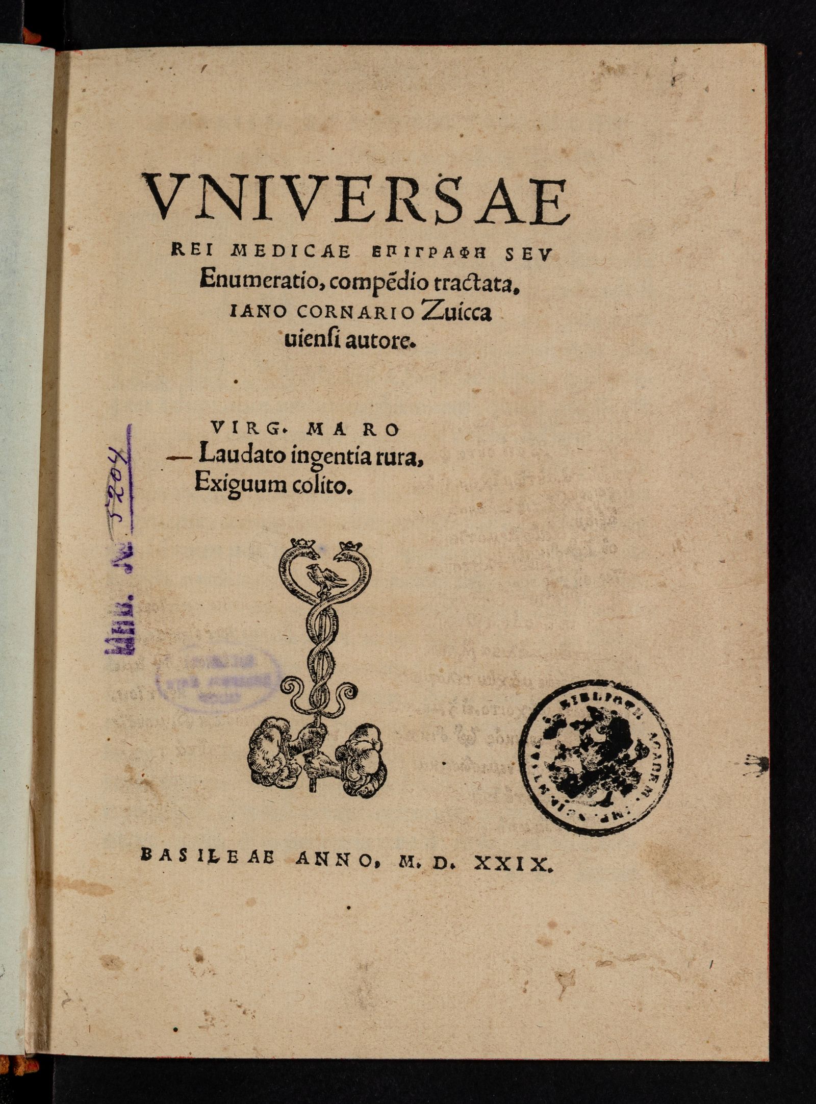 Изображение Universae rei medicae επιγραφη seu enumeratio, compendio tractata. Iano Cornario Zuiccaviensi autore