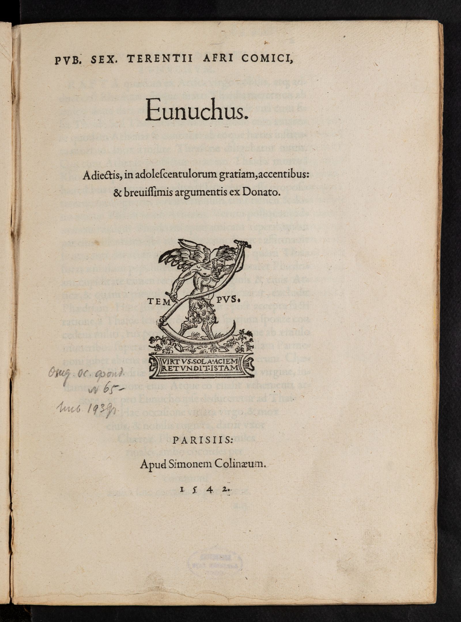 Изображение Pub. Sex. Terentii Afri comici Eunuchus. Adjectis, in adolescentulorum gratiam, accentibus: et brevissimis argumentis ex Donato