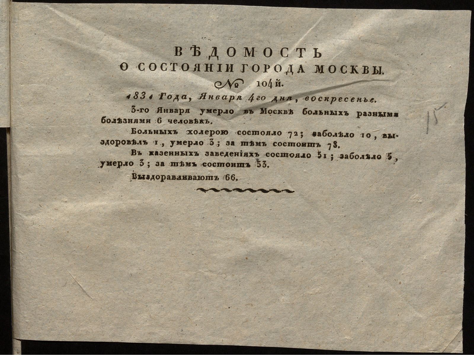 Изображение Ведомость о состоянии города Москвы. 1831, № 104  (4 января)