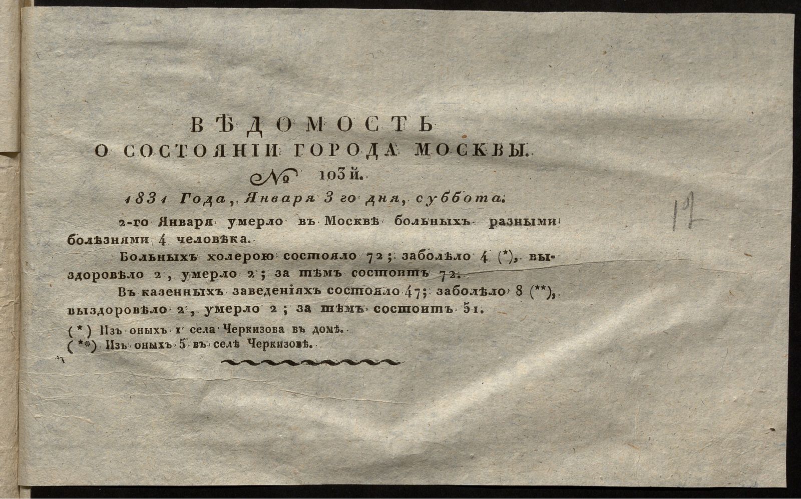 Изображение книги Ведомость о состоянии города Москвы. 1831, № 103  (3 января)
