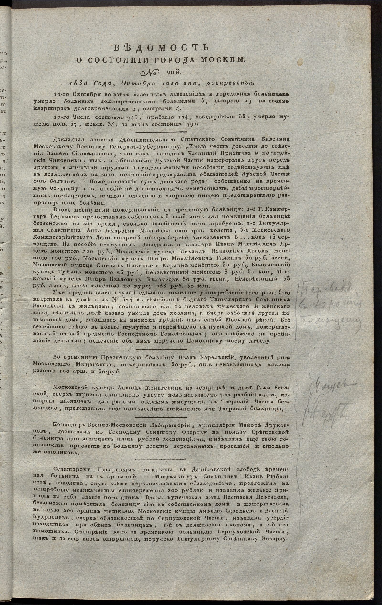 Изображение книги Ведомость о состоянии города Москвы. 1830, № 20  (12 октября)