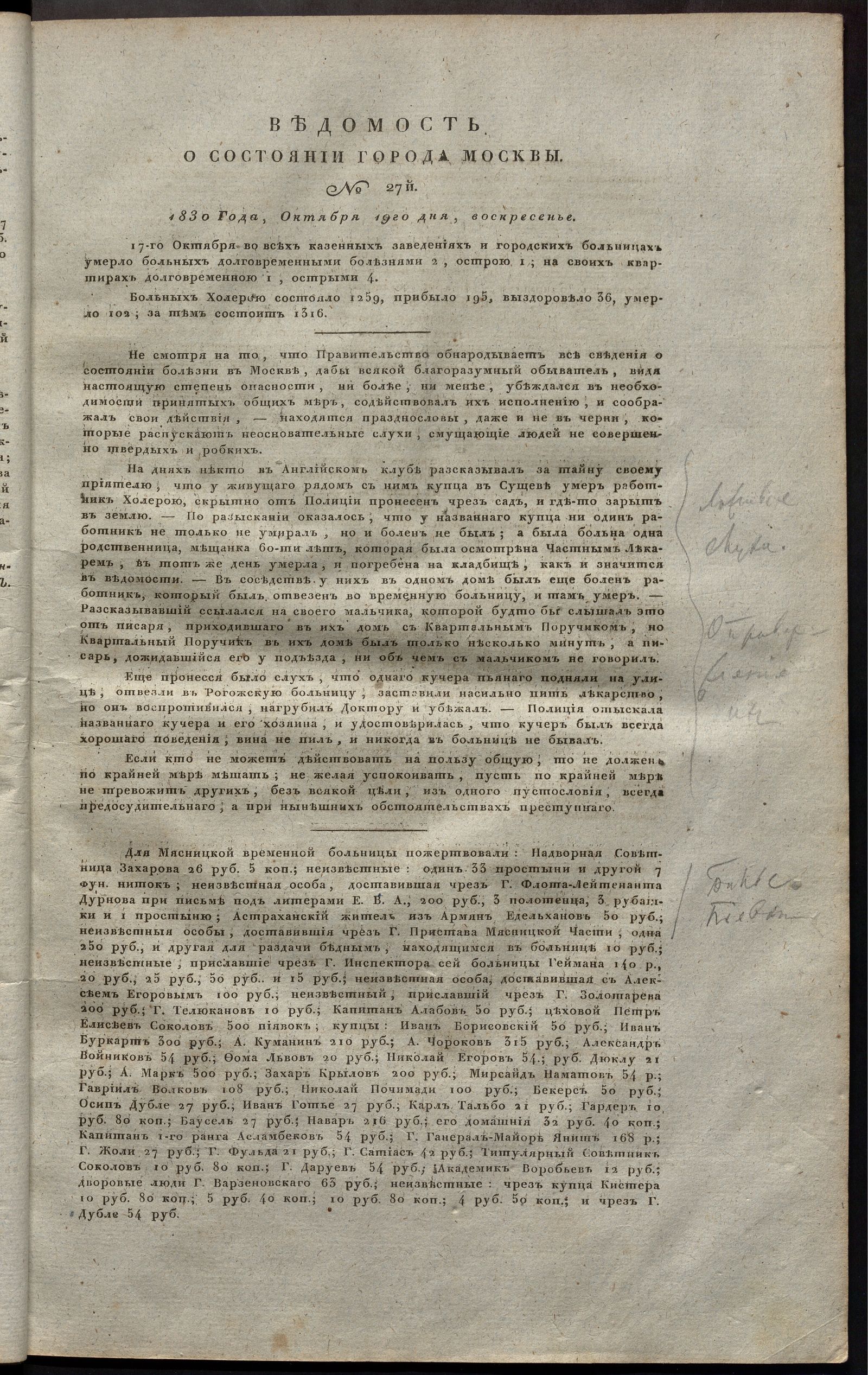 Изображение книги Ведомость о состоянии города Москвы. 1830, № 27  (19 октября)