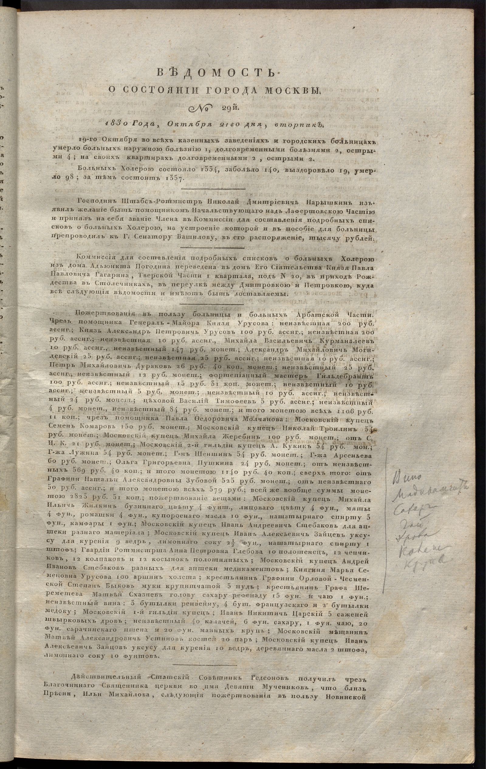 Изображение книги Ведомость о состоянии города Москвы. 1830, № 29  (21 октября)