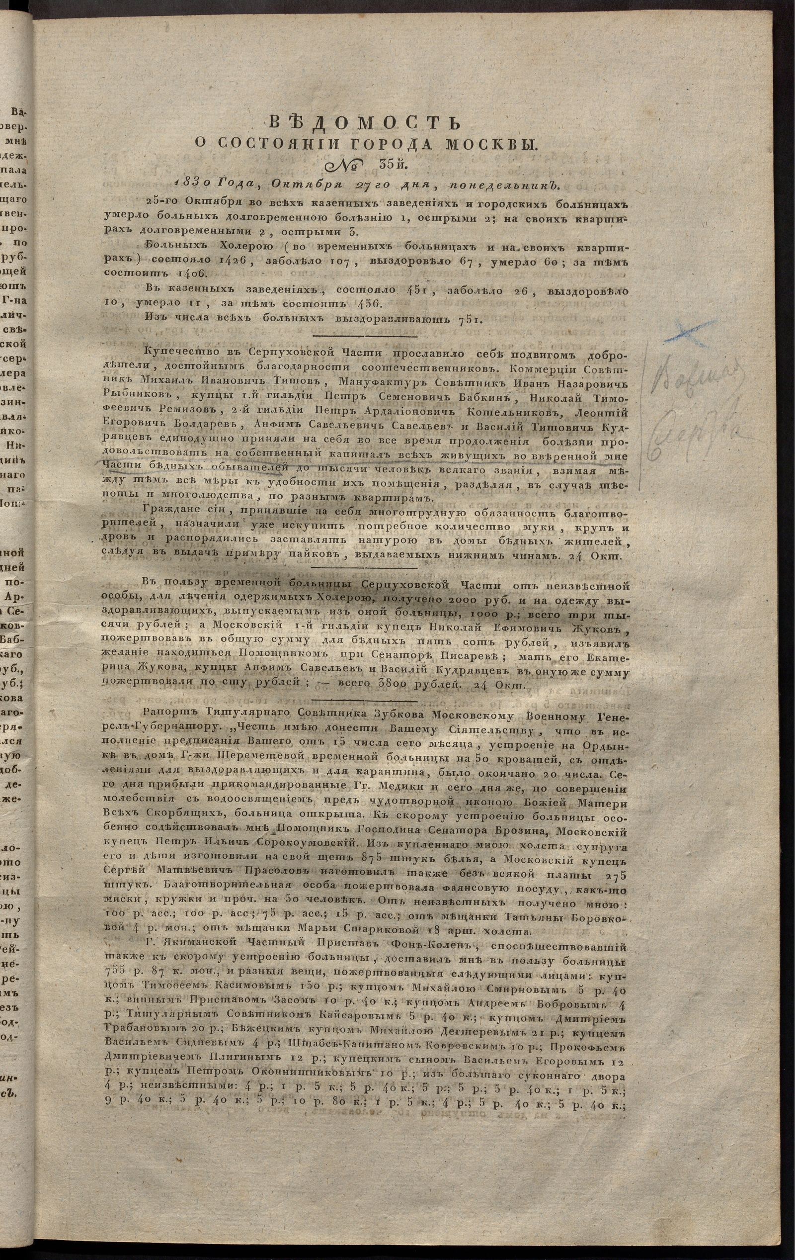 Изображение книги Ведомость о состоянии города Москвы. 1830, № 35 (27 октября)