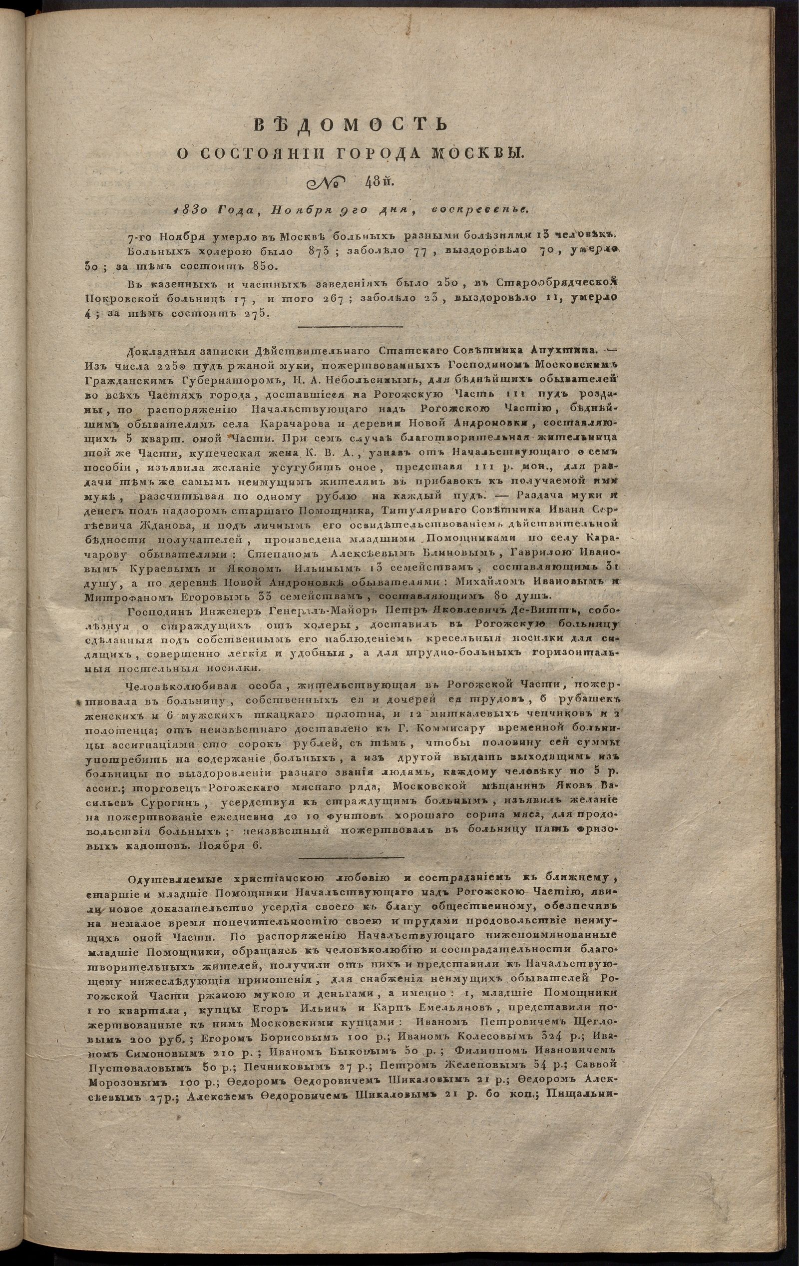 Изображение книги Ведомость о состоянии города Москвы. 1830, № 48 (9 ноября)