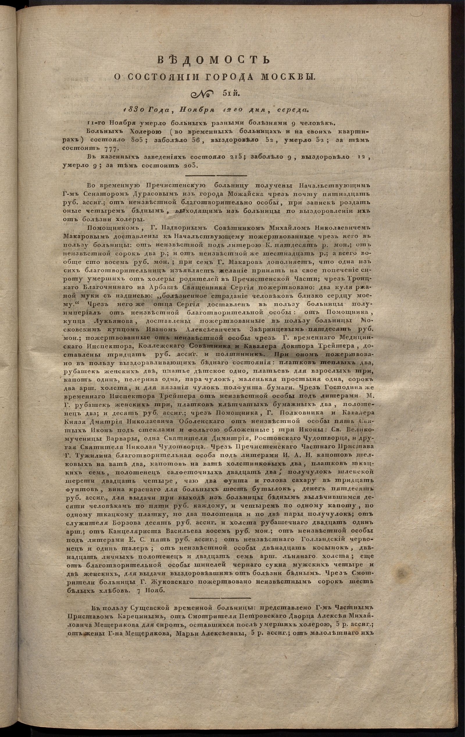 Изображение книги Ведомость о состоянии города Москвы. 1830, № 51 (12 ноября)