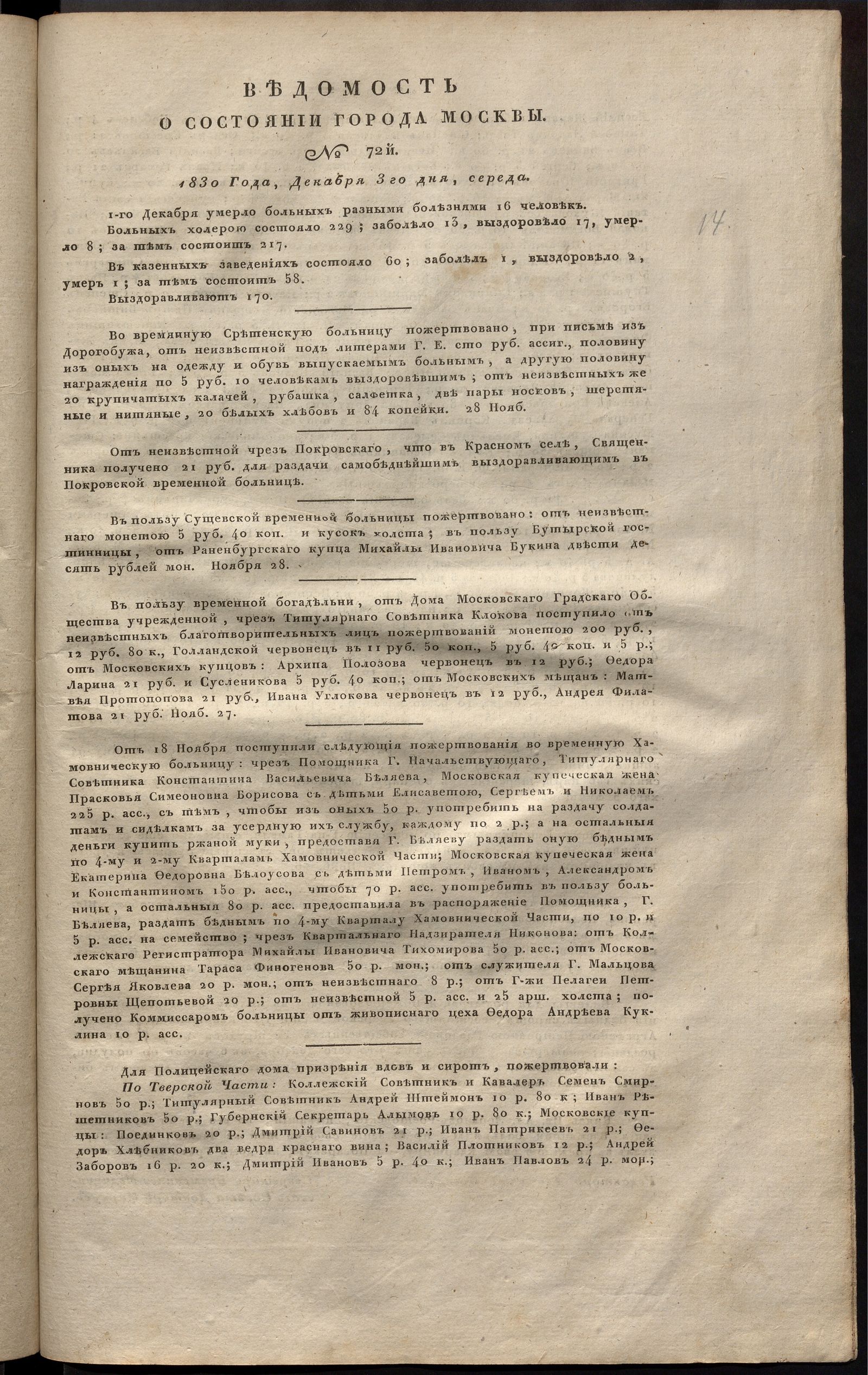 Изображение книги Ведомость о состоянии города Москвы. 1830, № 72 (3 декабря)
