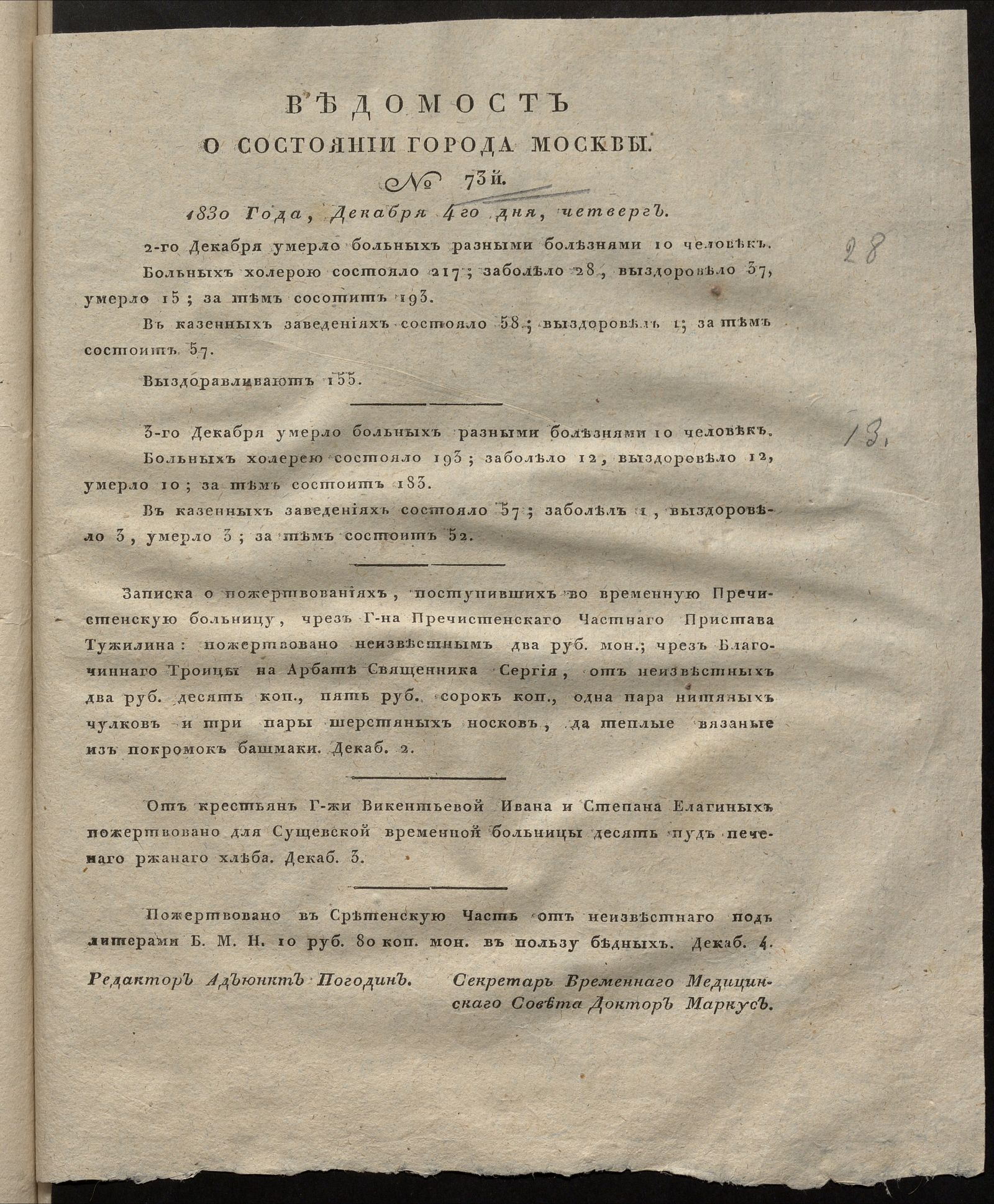 Изображение книги Ведомость о состоянии города Москвы. 1830, № 73 (4 декабря)