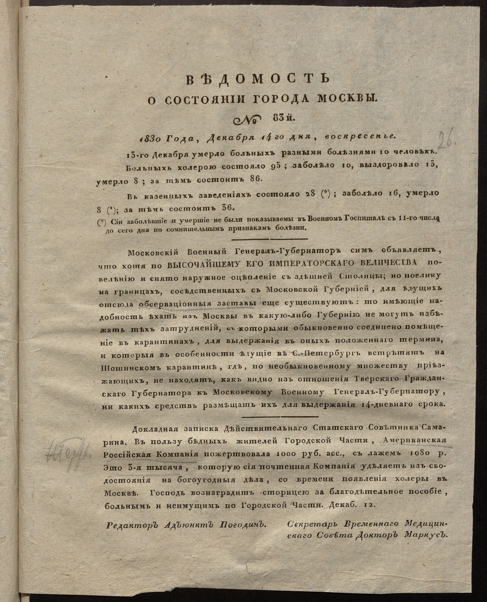 Изображение книги Ведомость о состоянии города Москвы. 1830, № 83  (14 декабря)