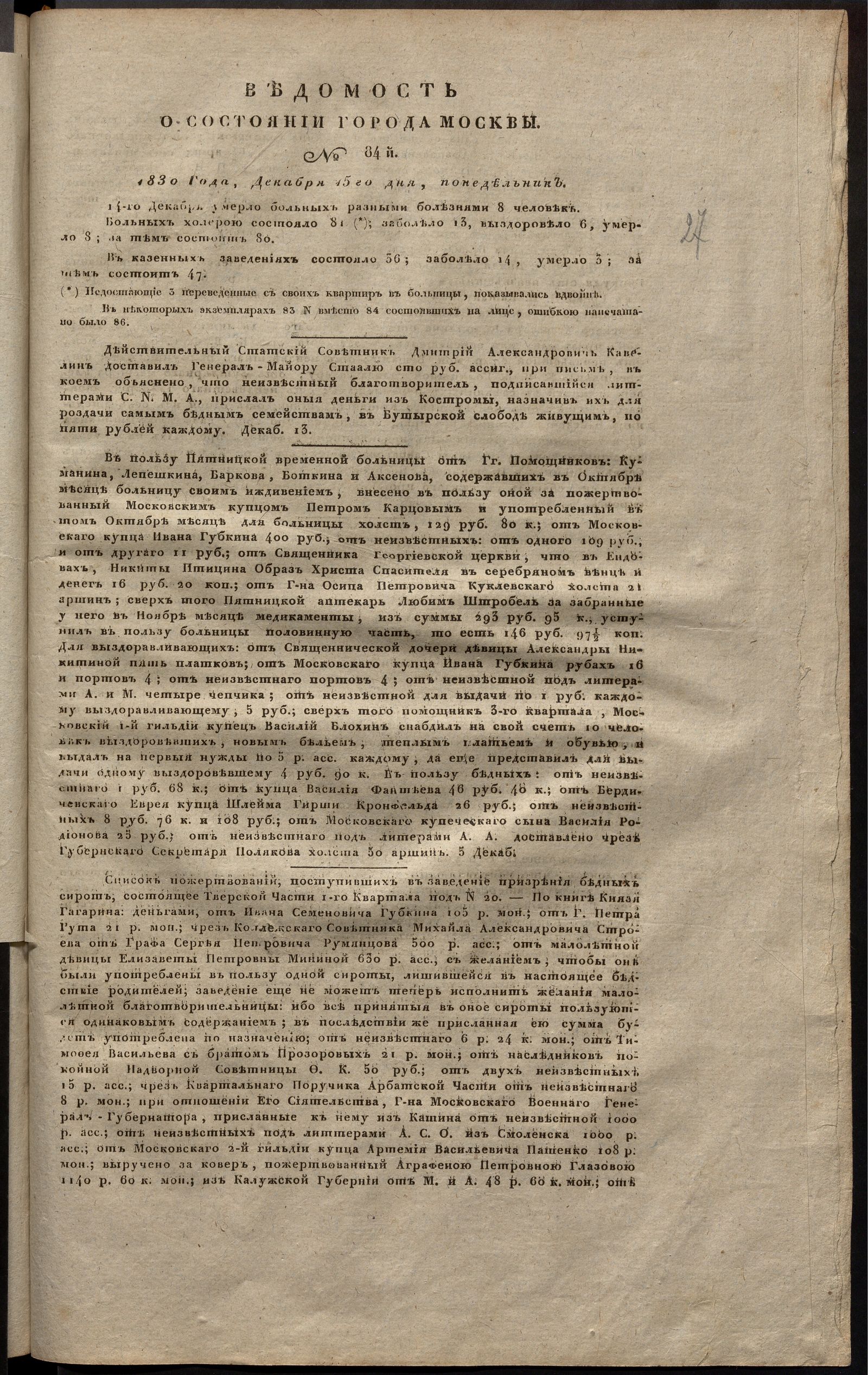 Изображение книги Ведомость о состоянии города Москвы. 1830, № 84 (15 декабря)