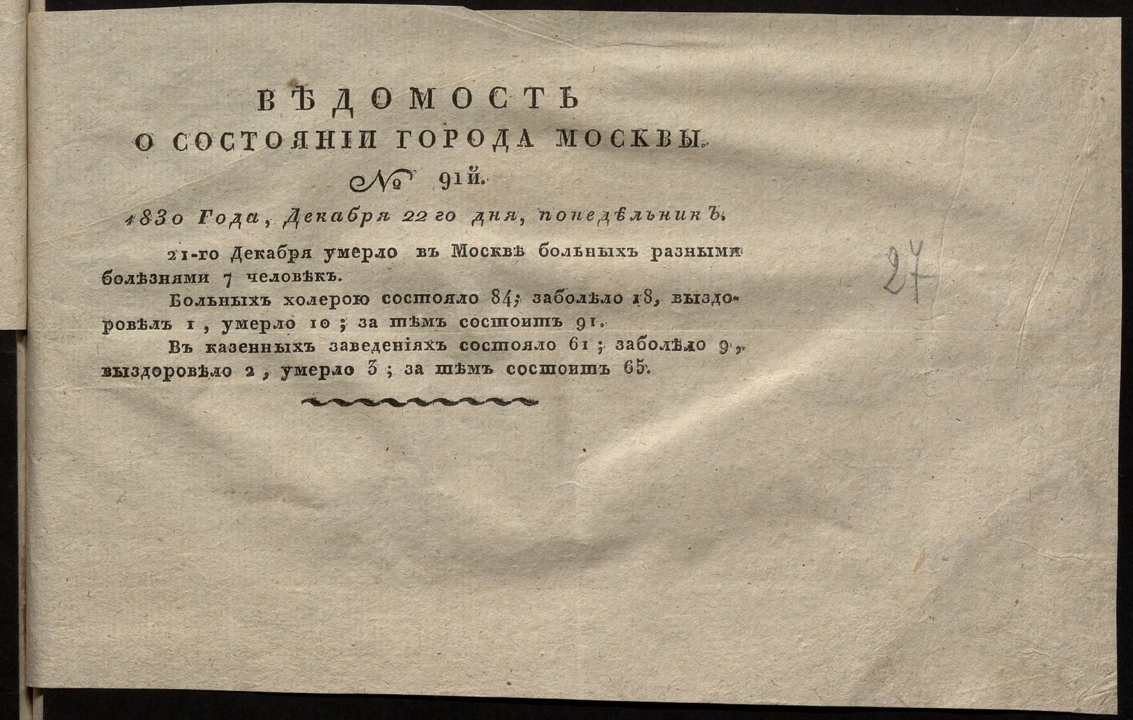 Изображение книги Ведомость о состоянии города Москвы. 1830, № 91 (22 декабря)