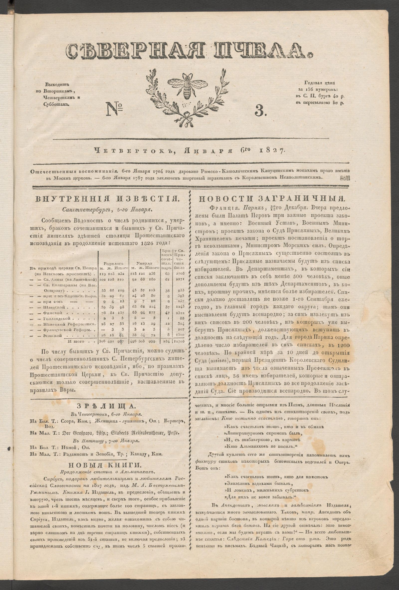 Изображение книги Северная Пчела. № 3. Четверток, Января 6го 1827